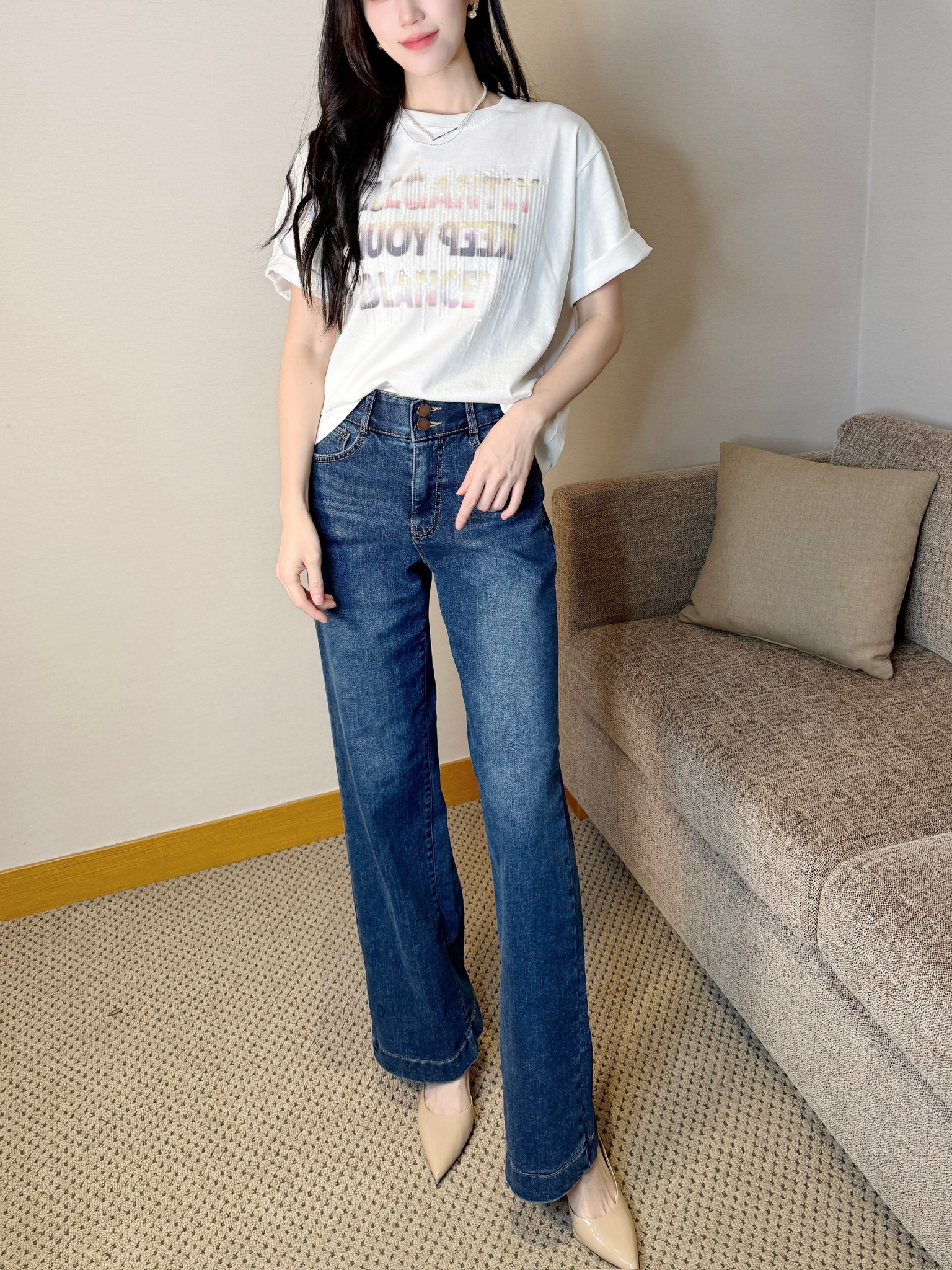 (刷絨發熱款)雙釦直筒牛仔褲