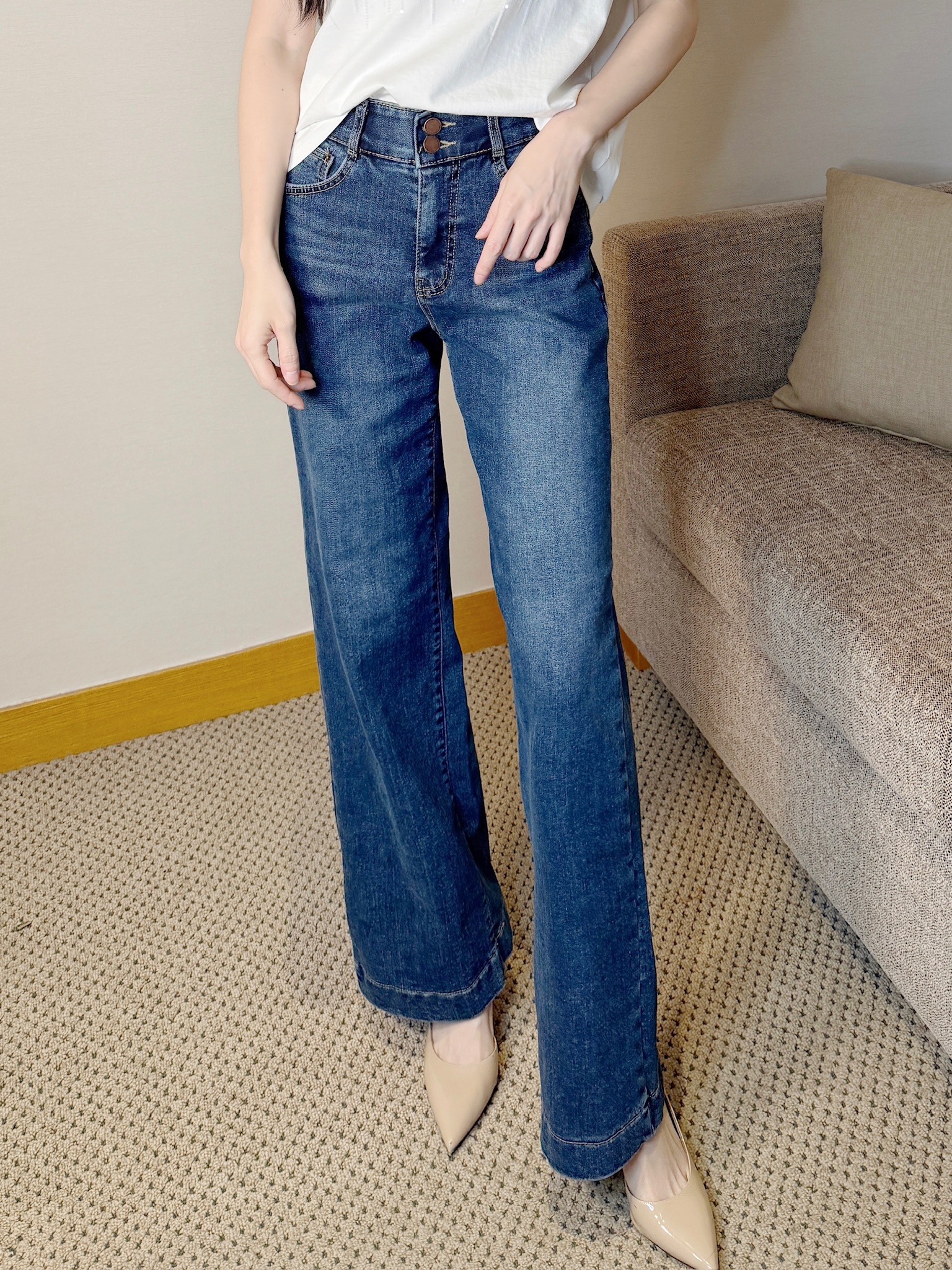 (刷絨發熱款)雙釦直筒牛仔褲