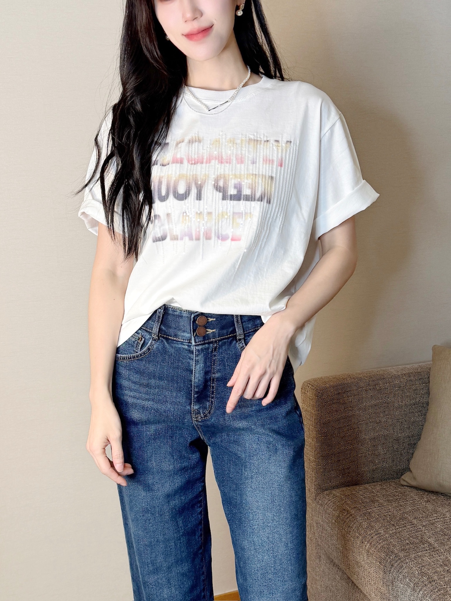 亮片漸層字母短袖T