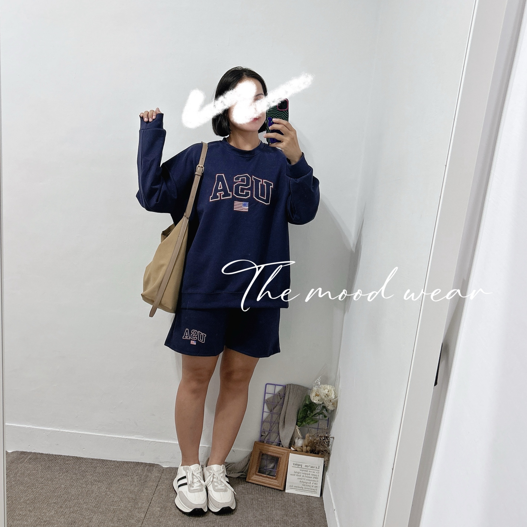 美式字母太空棉質大學t 短褲套裝(深藍/灰色)