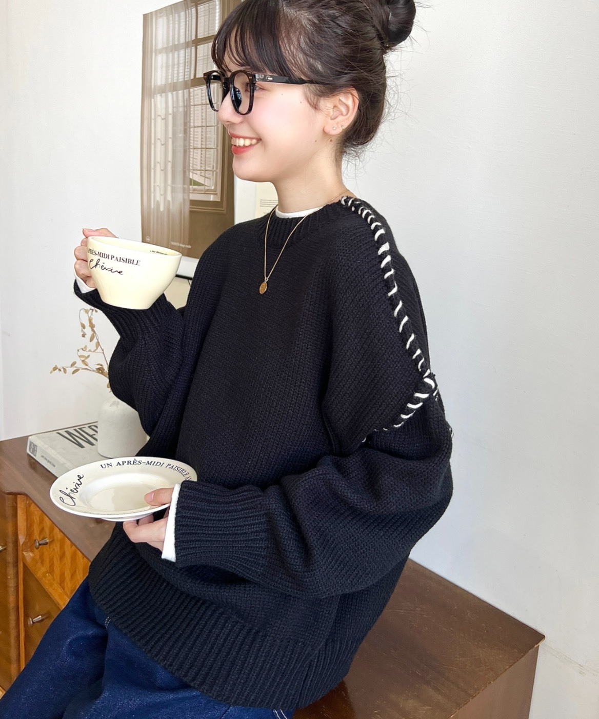 日本 Moment+ 撞色 縫線 長袖 毛衣 針織衫 五色