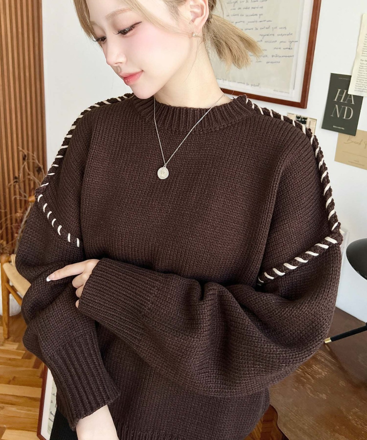 日本 Moment+ 撞色 縫線 長袖 毛衣 針織衫 五色