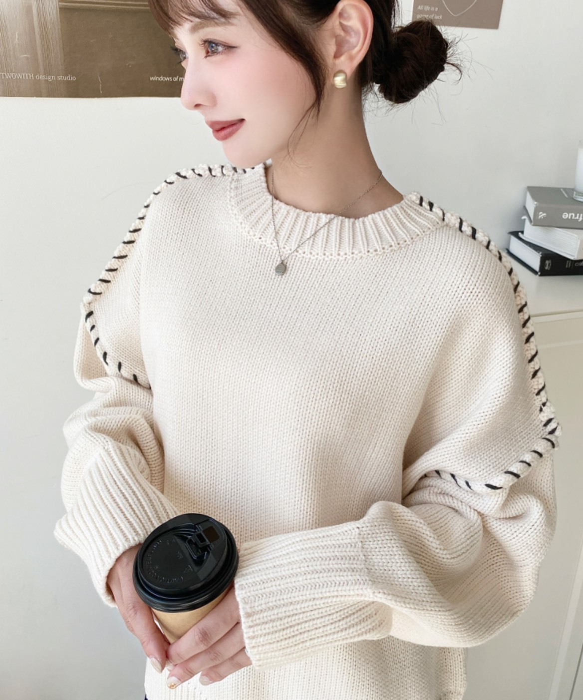 日本 Moment+ 撞色 縫線 長袖 毛衣 針織衫 五色