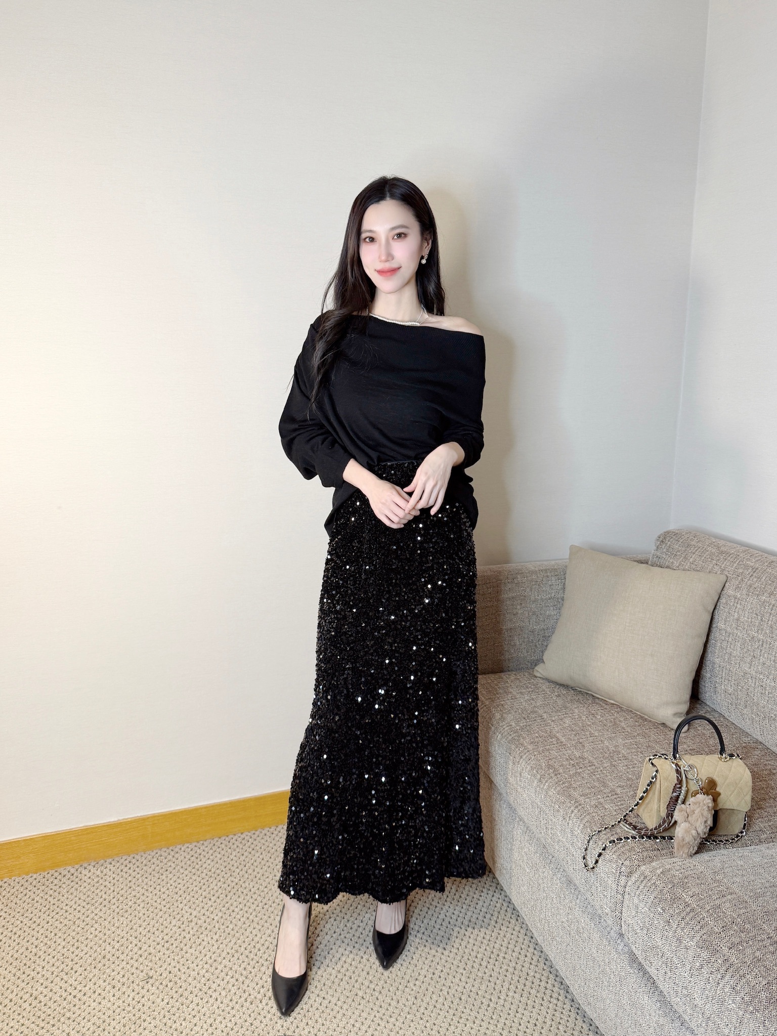 船型領寬鬆針織上衣