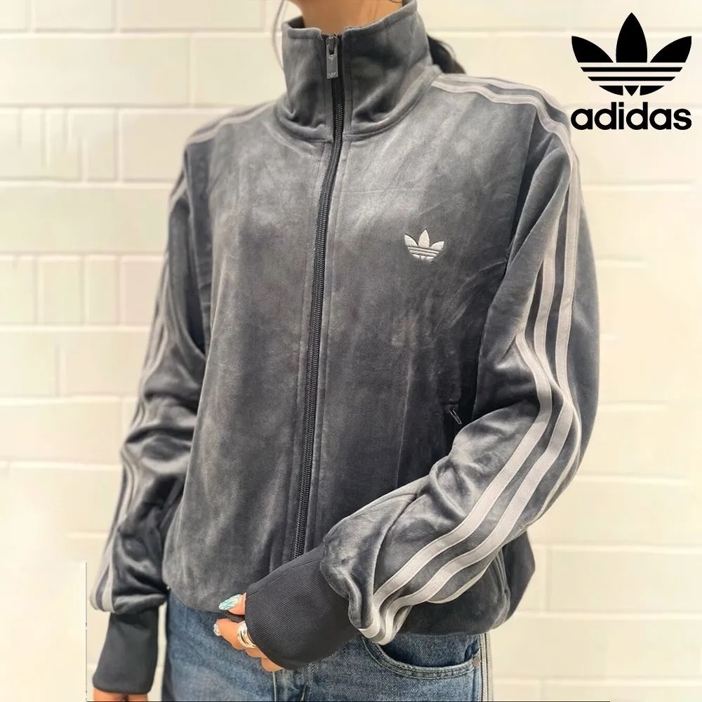 Adidas originals Firebird FW25 Velour 寬鬆立領 深灰 天鵝絨 三線 夾克 外套 KD9374