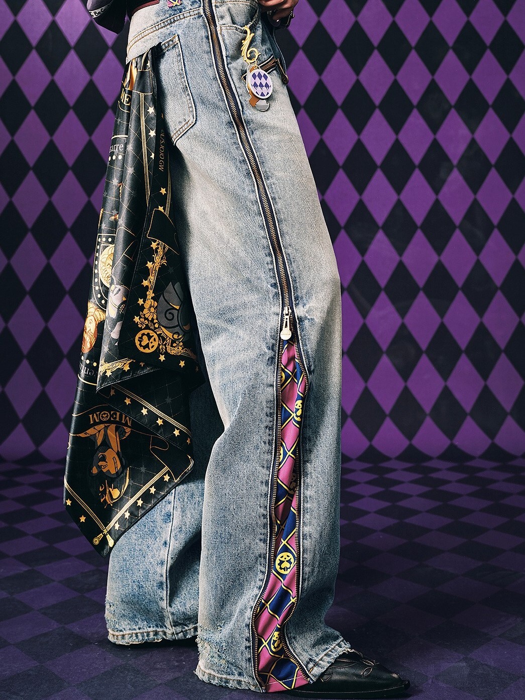 MEDM x JOJO的奇妙冒險 拉鍊格紋 微彈休閒 牛仔長褲