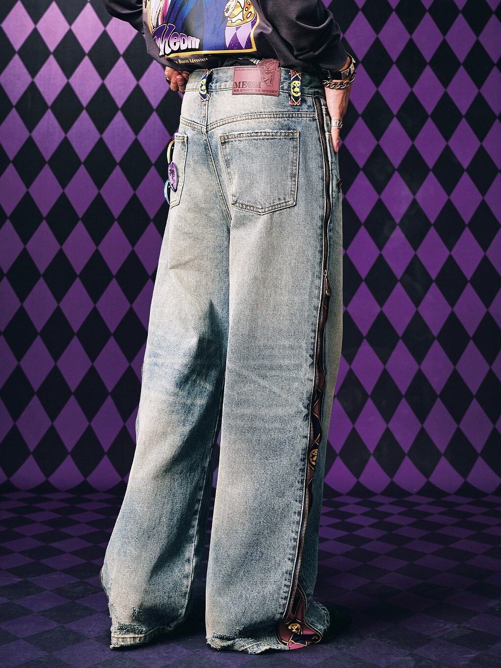 MEDM x JOJO的奇妙冒險 拉鍊格紋 微彈休閒 牛仔長褲