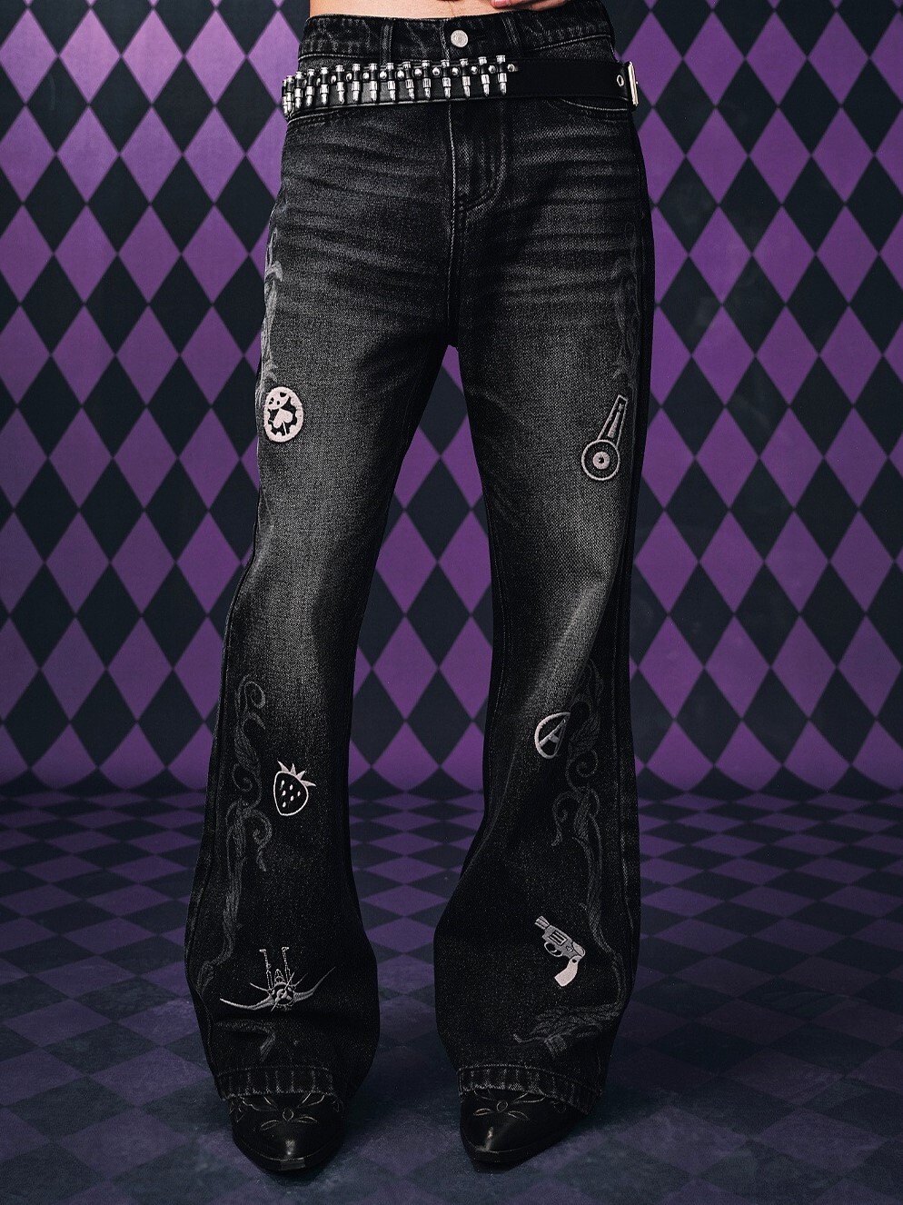 MEDM x JOJO的奇妙冒險 全員icon刺繡 休閒 微喇叭 牛仔長褲