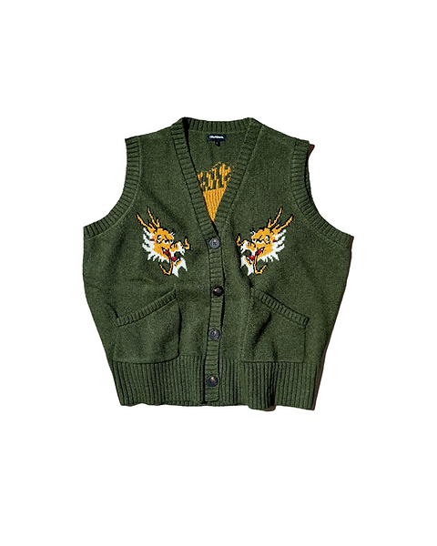 Club Stubborn Souvenir Knitted Cardigan Vest - Olive Dragon