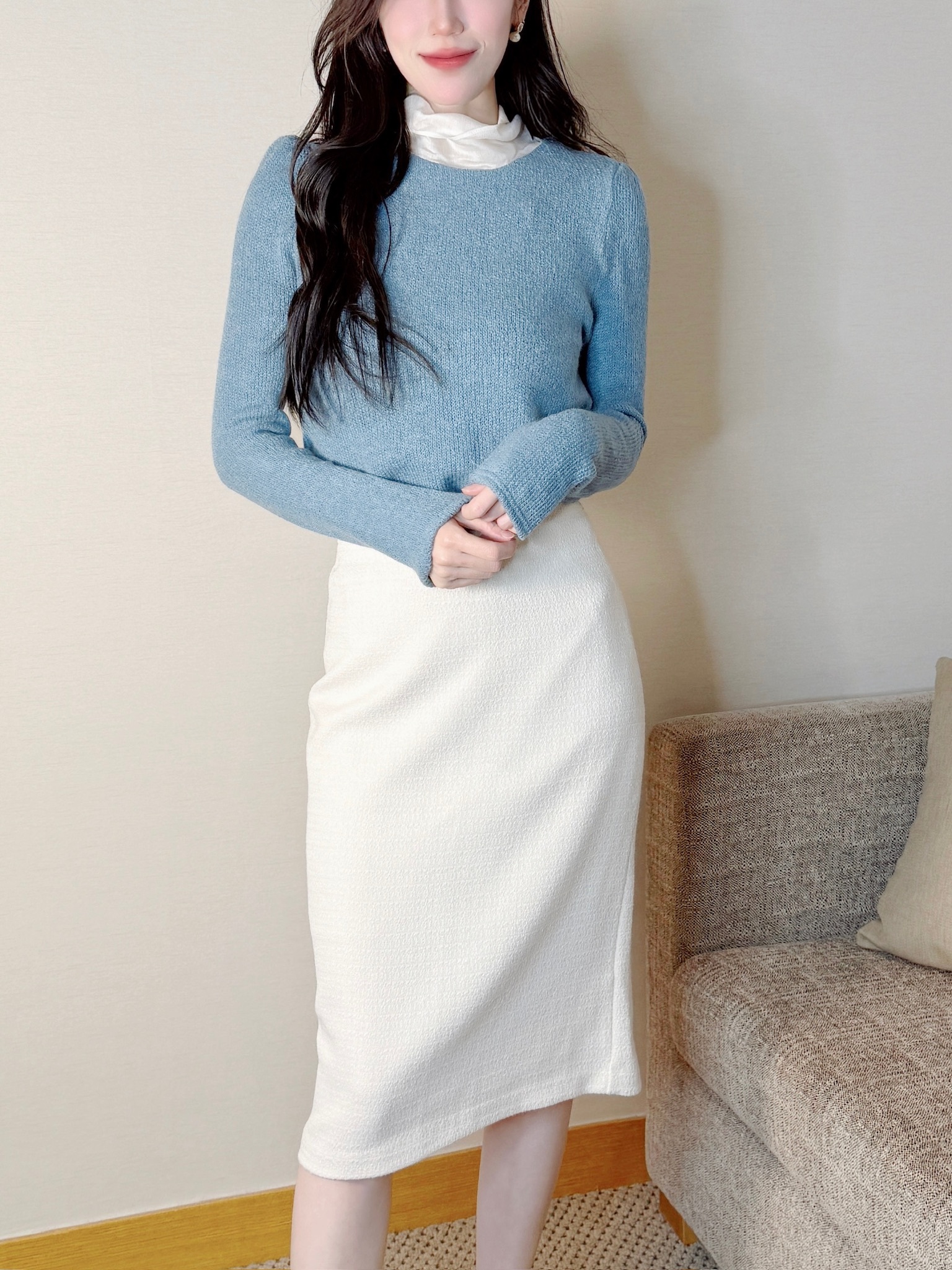 透紗領綁帶針織上衣