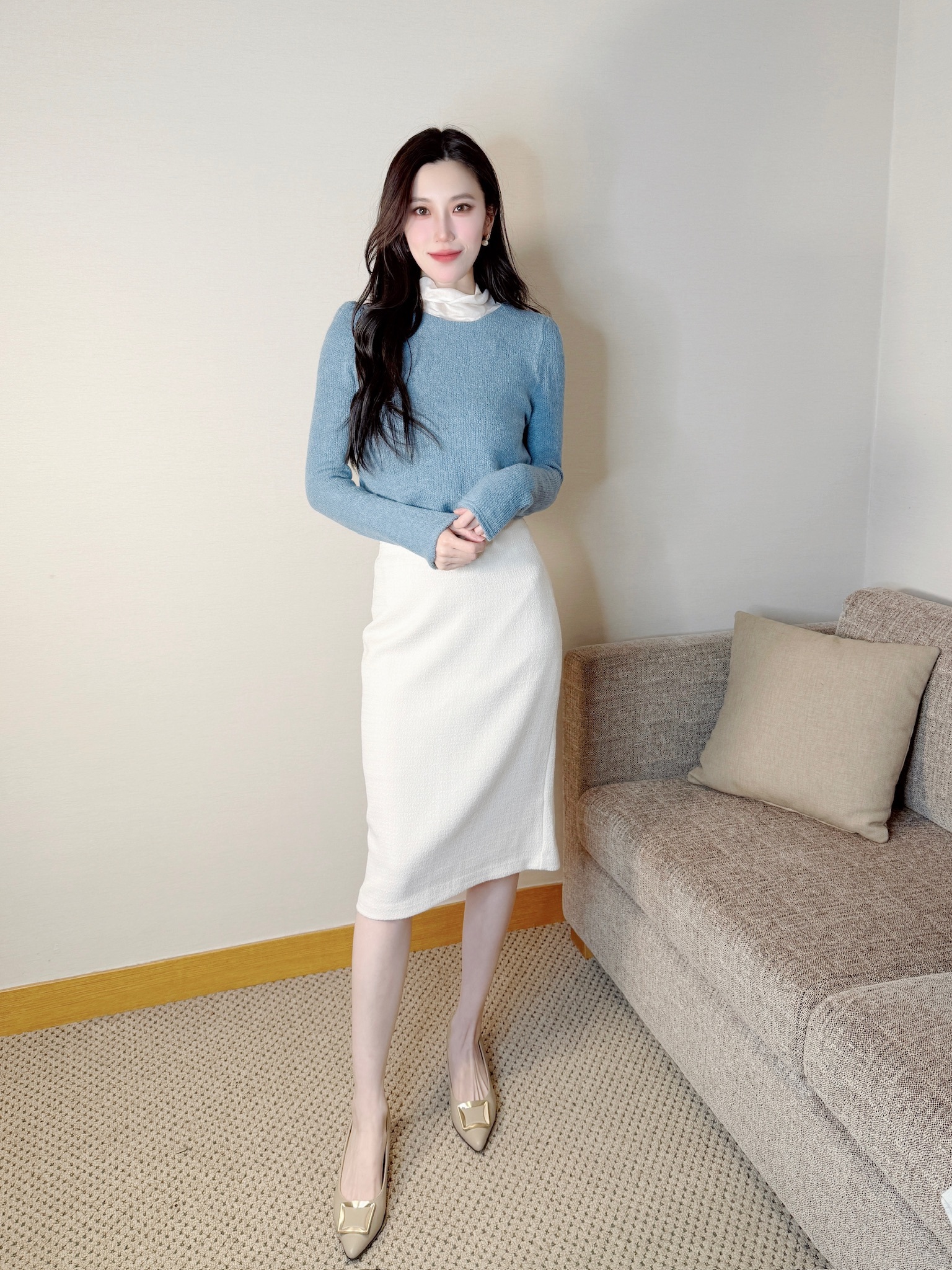 透紗領綁帶針織上衣