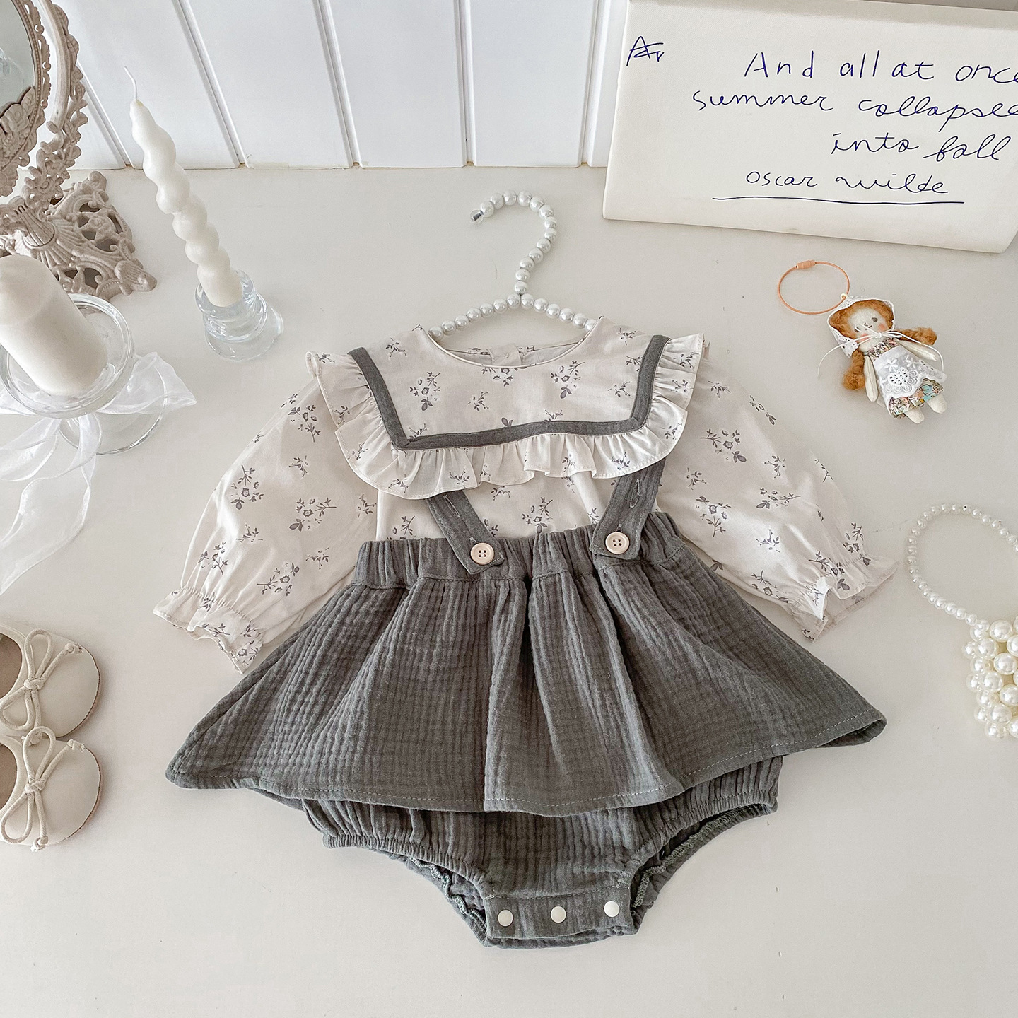 花束方領襯衫吊帶包屁裙套裝(66-90)