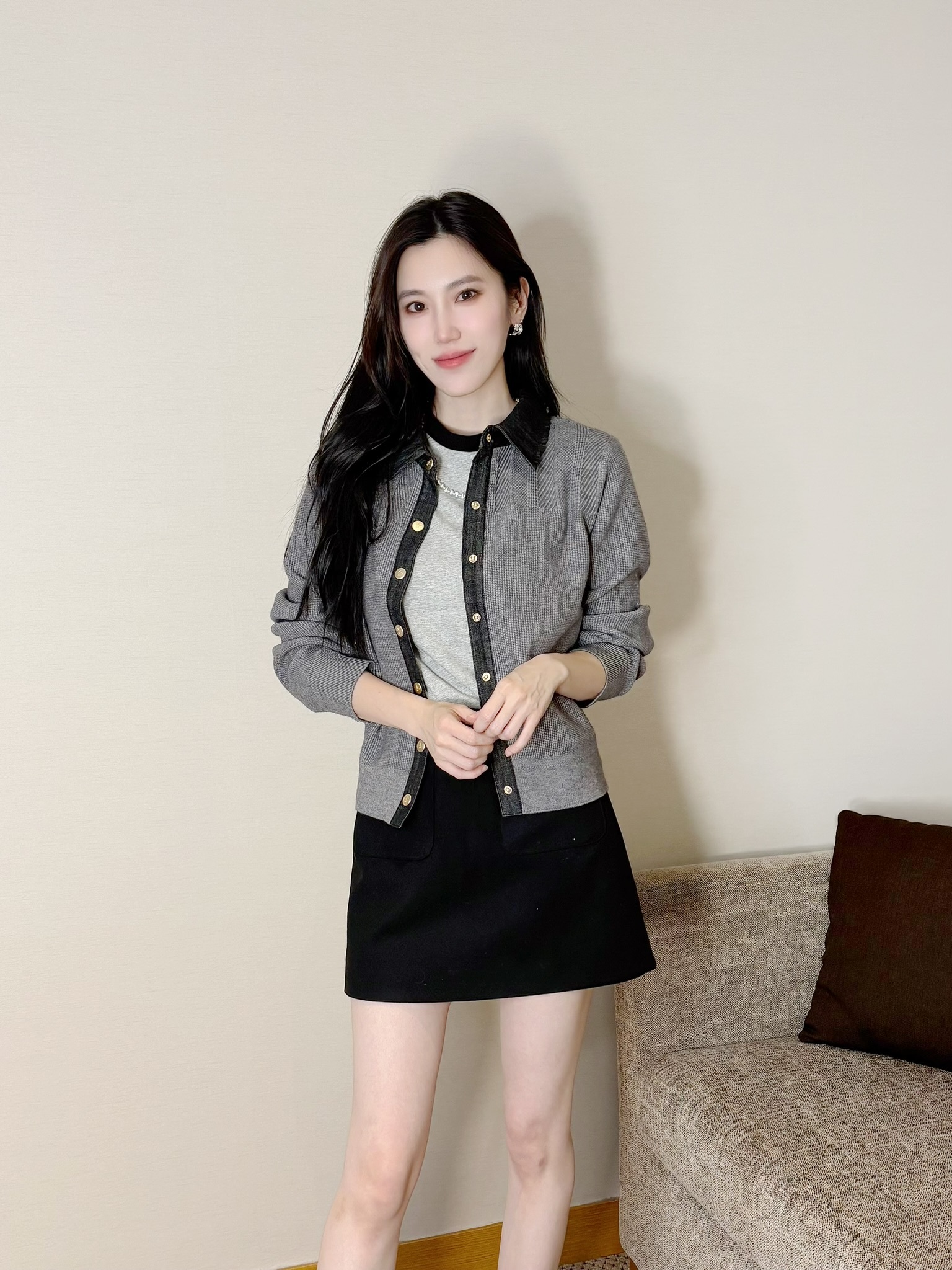 牛仔滾邊金釦針織外套