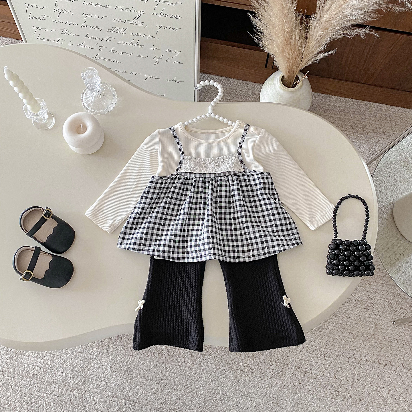 格子蕾絲背心喇叭褲三件套(73-100)