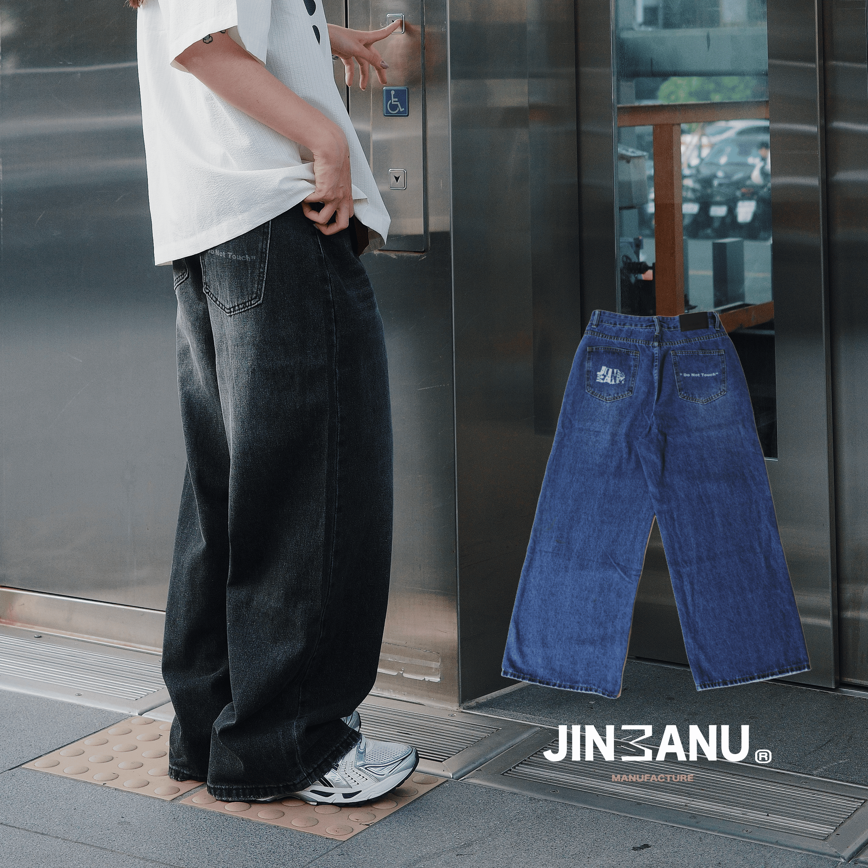 JINMANU LOGO BAGGY JEANS 水洗印花落地牛仔褲 長褲
