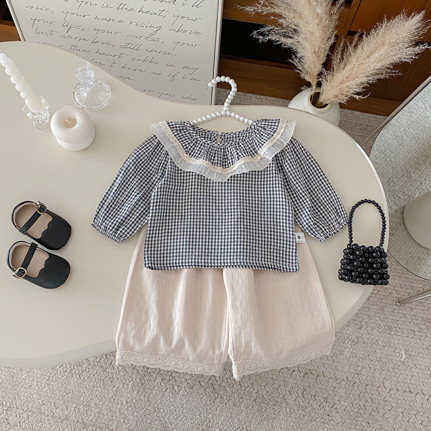 格子荷葉領上衣蕾絲邊寬褲套裝(73-100)