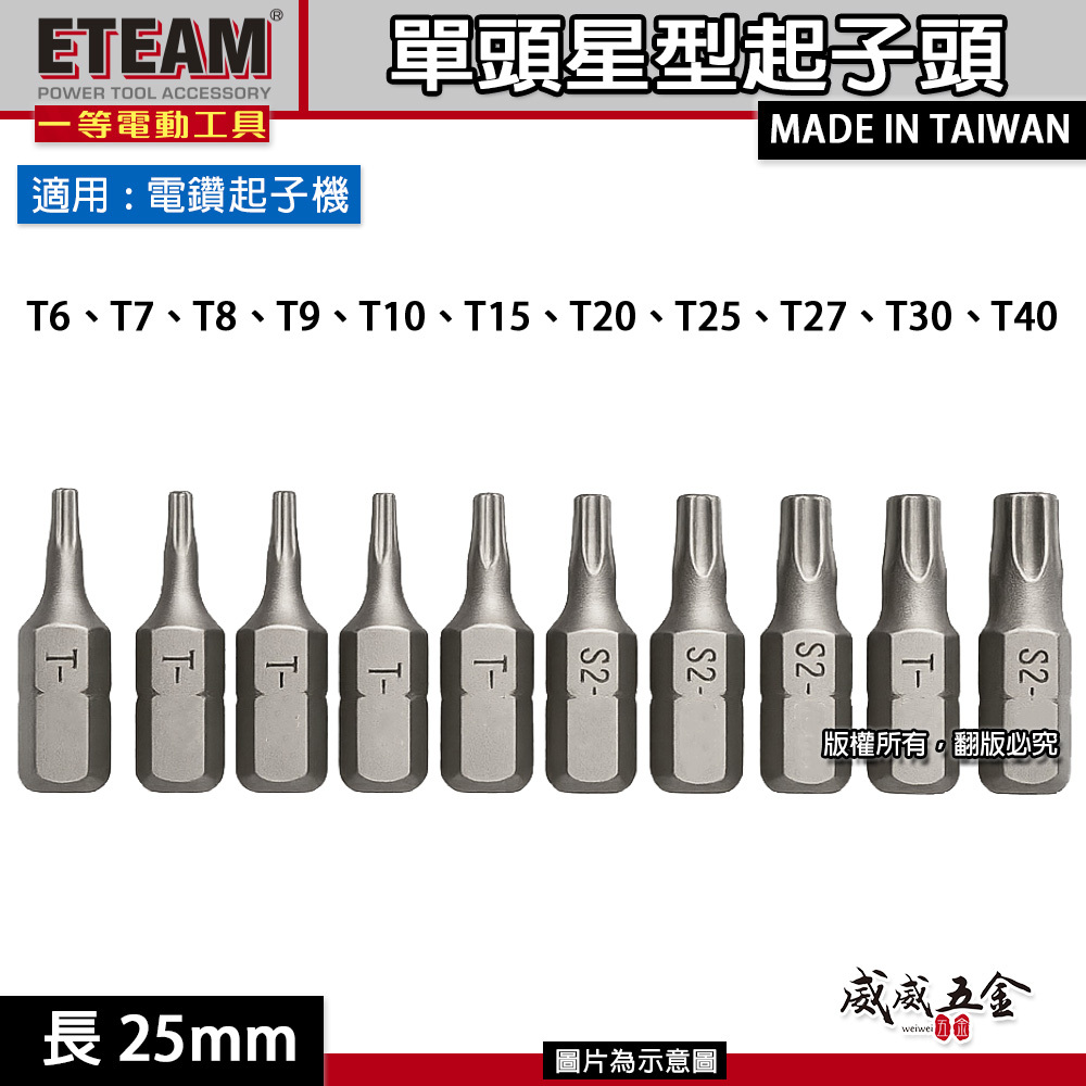 T6-T40 長 25mm 短版單頭星型起子頭 星形 星型起子頭 星型批頭 BIT｜ETEAM 一等｜台灣製