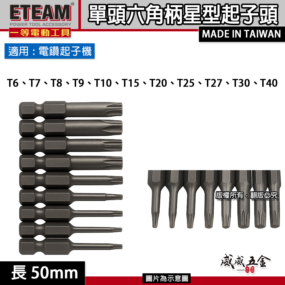 ETWAM 一等 台灣製｜T6-T40 長50mm｜車修六角柄內星型起子頭 星型起子頭 單頭星型起子六角星型