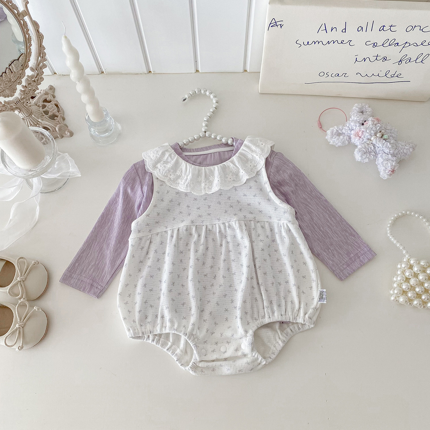 紫色花紋內搭+蝴蝶結背心包屁衣(66-90)