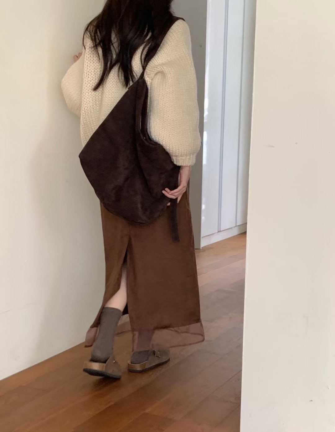 Layered suede long skirt