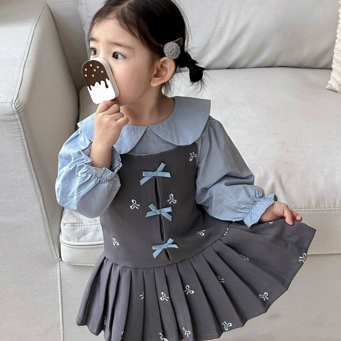 藍灰蝴蝶結背心裙套裝(73-100)