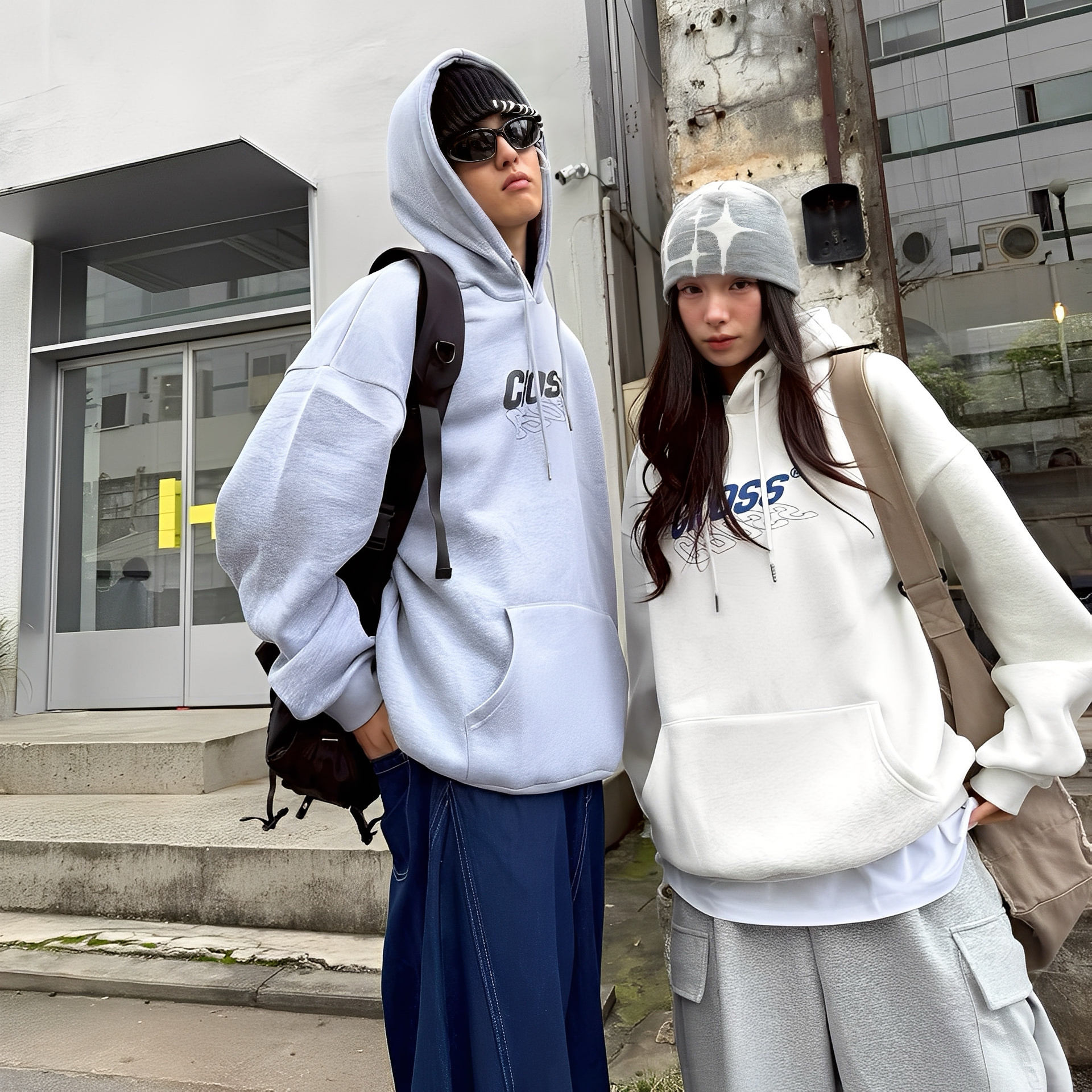 CROSS 立體 陰影 設計 寬鬆 連帽 長袖 帽T