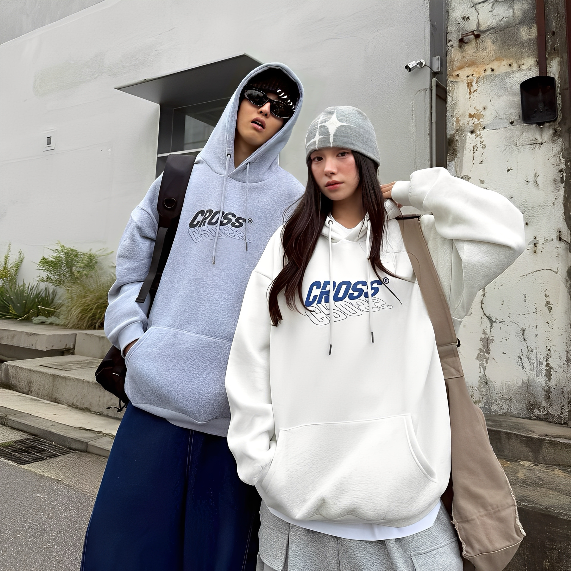 CROSS 立體 陰影 設計 寬鬆 連帽 長袖 帽T