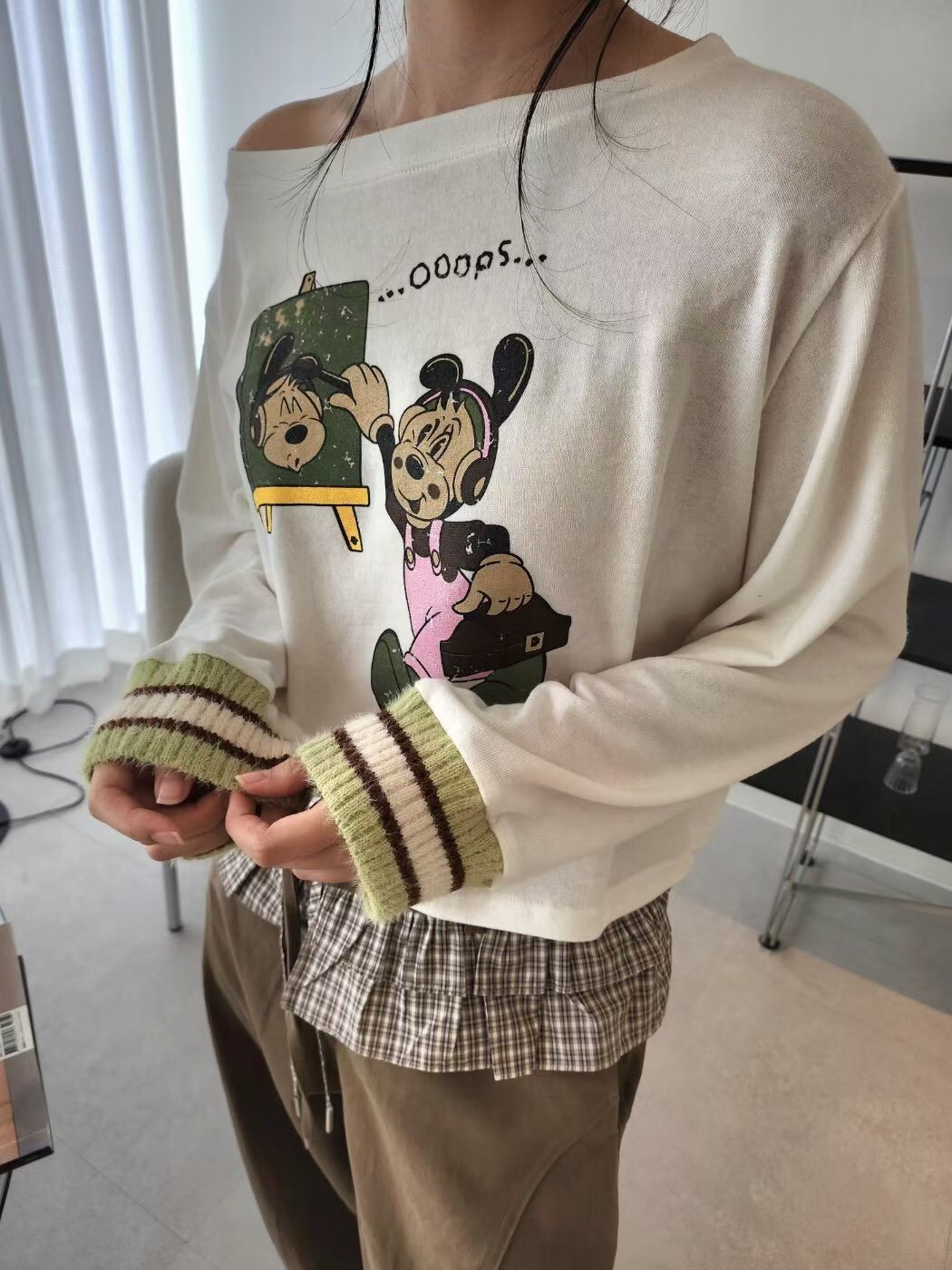 縮口袖卡通畫家長袖T