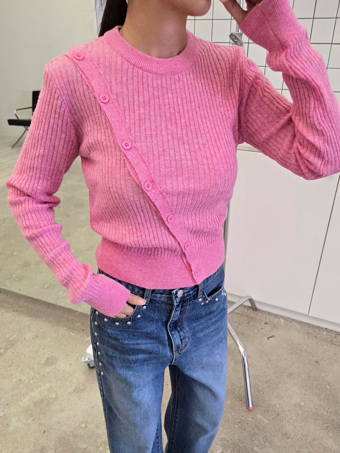 斜開釦薄針上衣