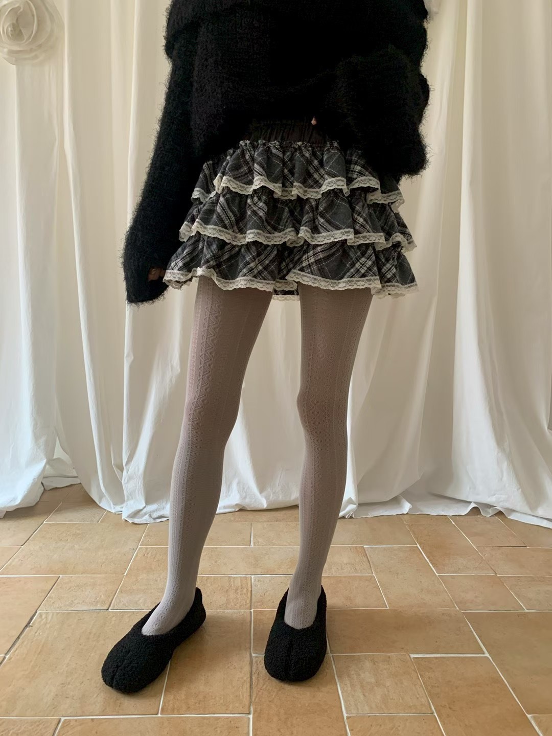 格子蛋糕滾蕾絲邊短褲裙