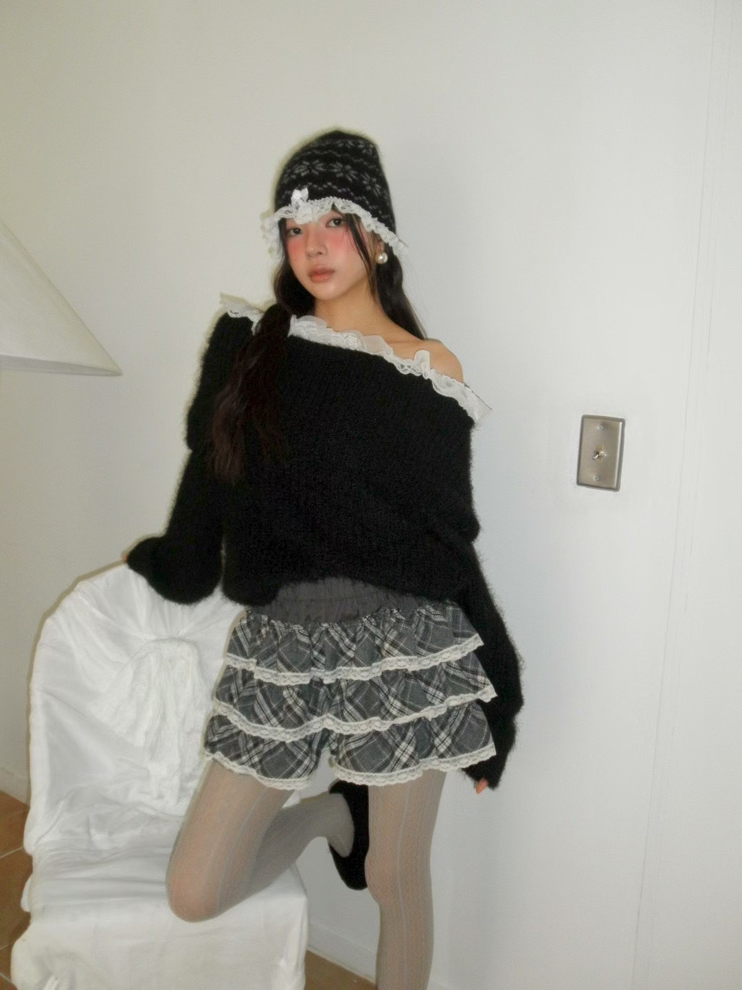 格子蛋糕滾蕾絲邊短褲裙