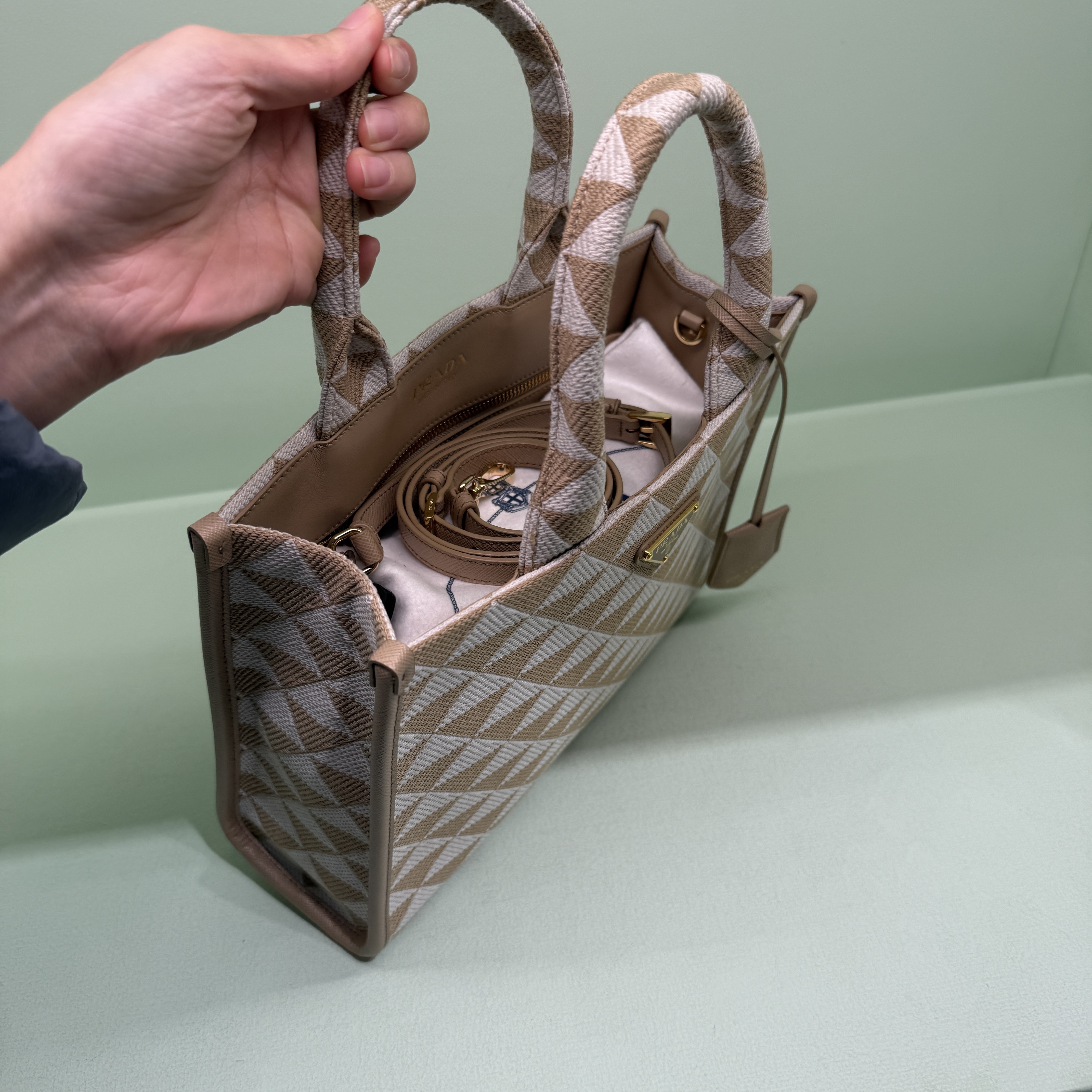 Prada Symbol Embroidered Small top handle bag Beige 1BA354