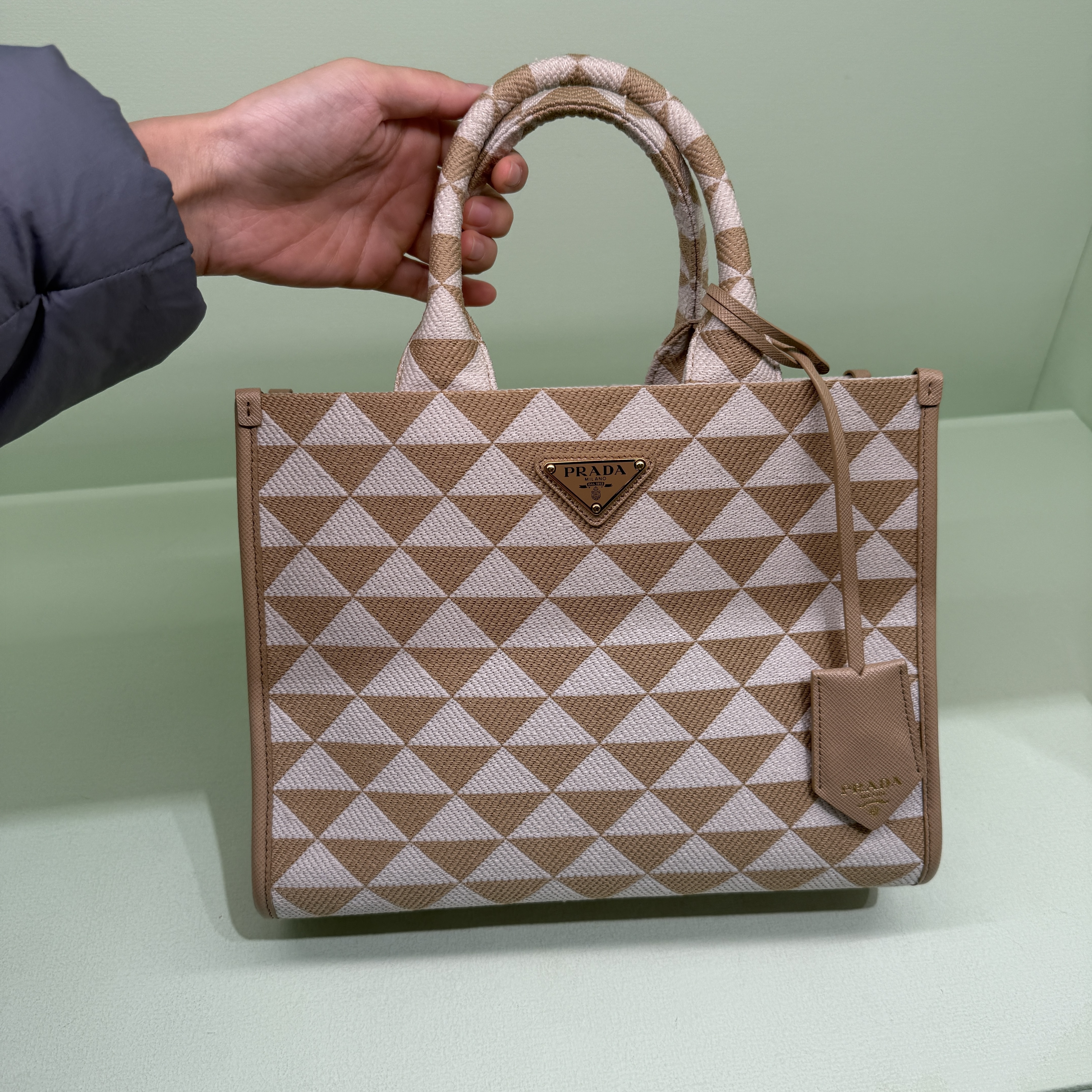 Prada Symbol Embroidered Small top handle bag Beige 1BA354