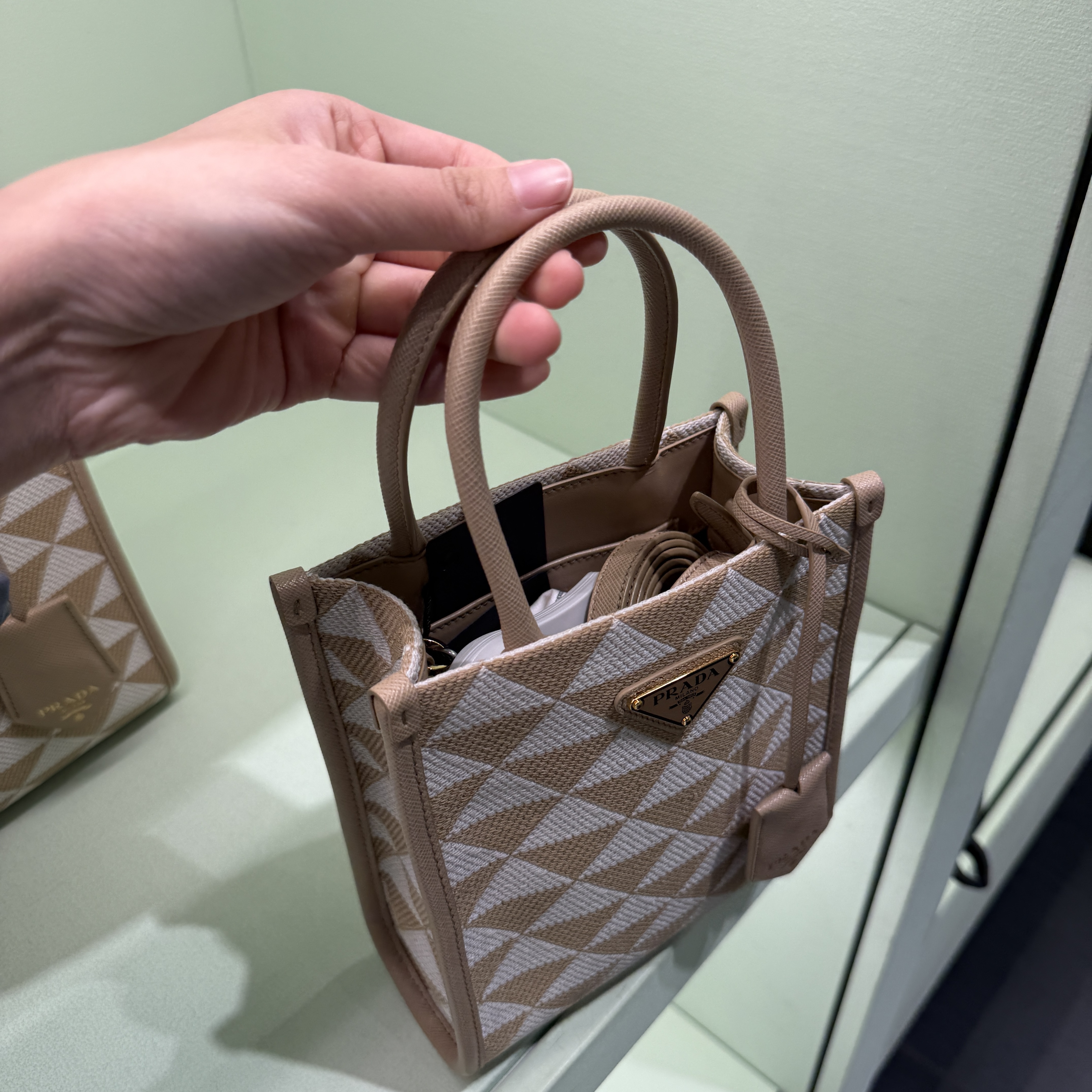 Prada Symbol Embroidered Mini Tote bag Beige 1BA355