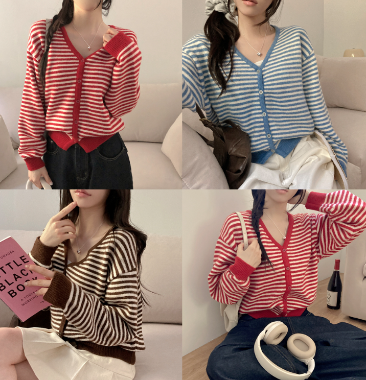 秋冬預訂｜STRIPE V領厚羊毛開襟衫