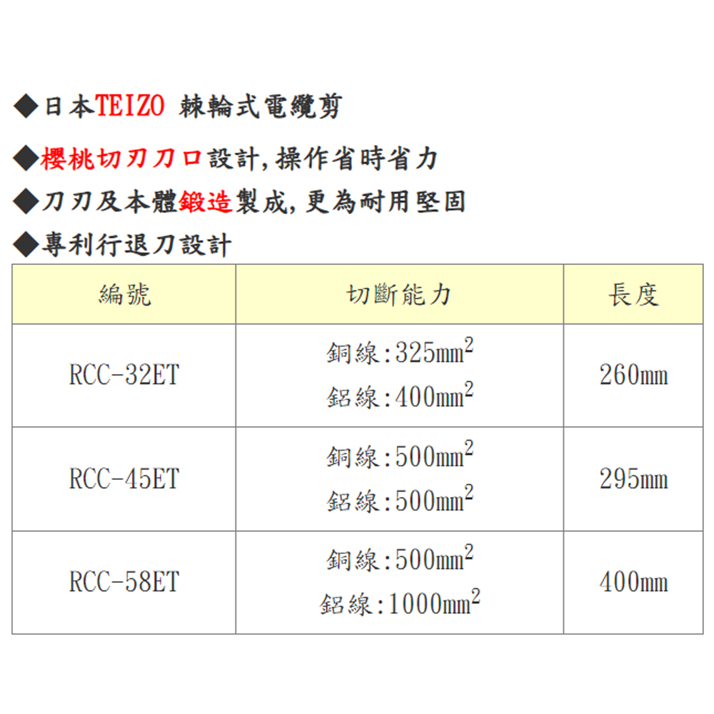 ＊中崙五金【缺貨中】日本製造 RCC-45ET棘輪式電纜剪 特殊鋼材 手柄一體成型 輕巧省力