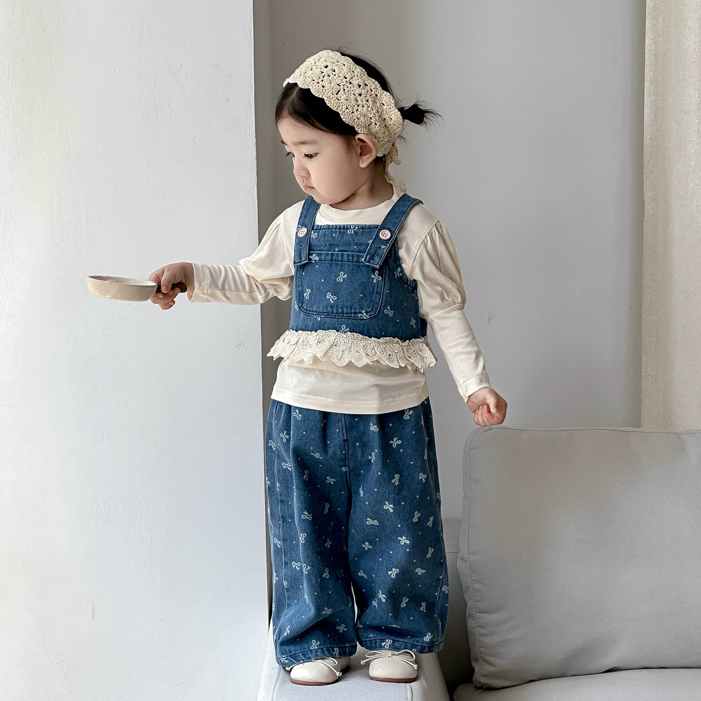 蓬袖內搭衣+蝴蝶結牛仔套裝(73-100)