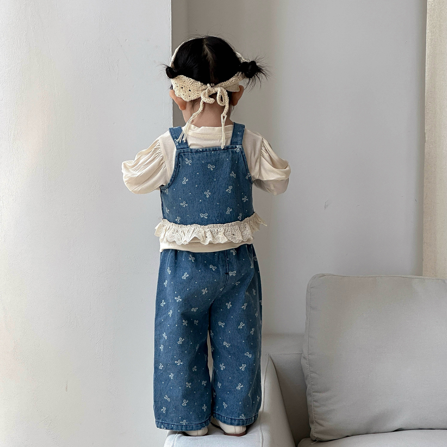 蓬袖內搭衣+蝴蝶結牛仔套裝(73-100)