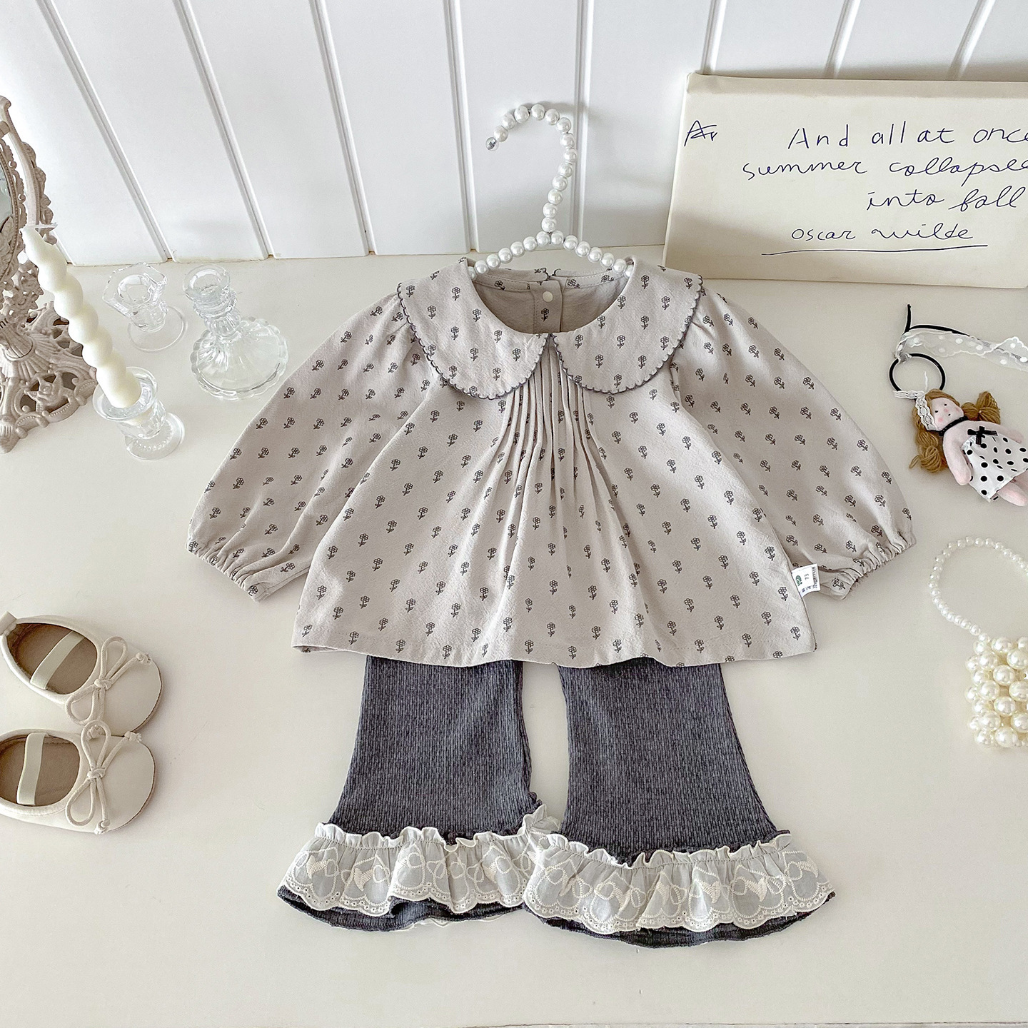 滿版花朵襯衫+蕾絲褲腳喇叭褲(73-100)