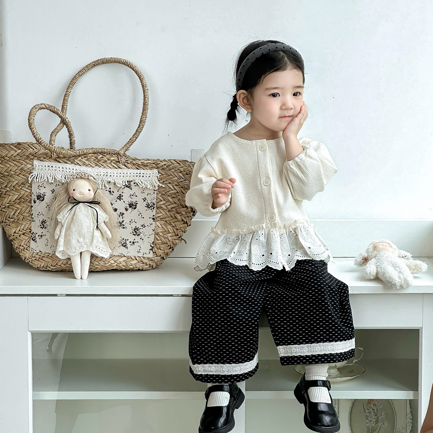 拼接雕花下擺外套+拼接蕾絲寬褲套裝(73-100)