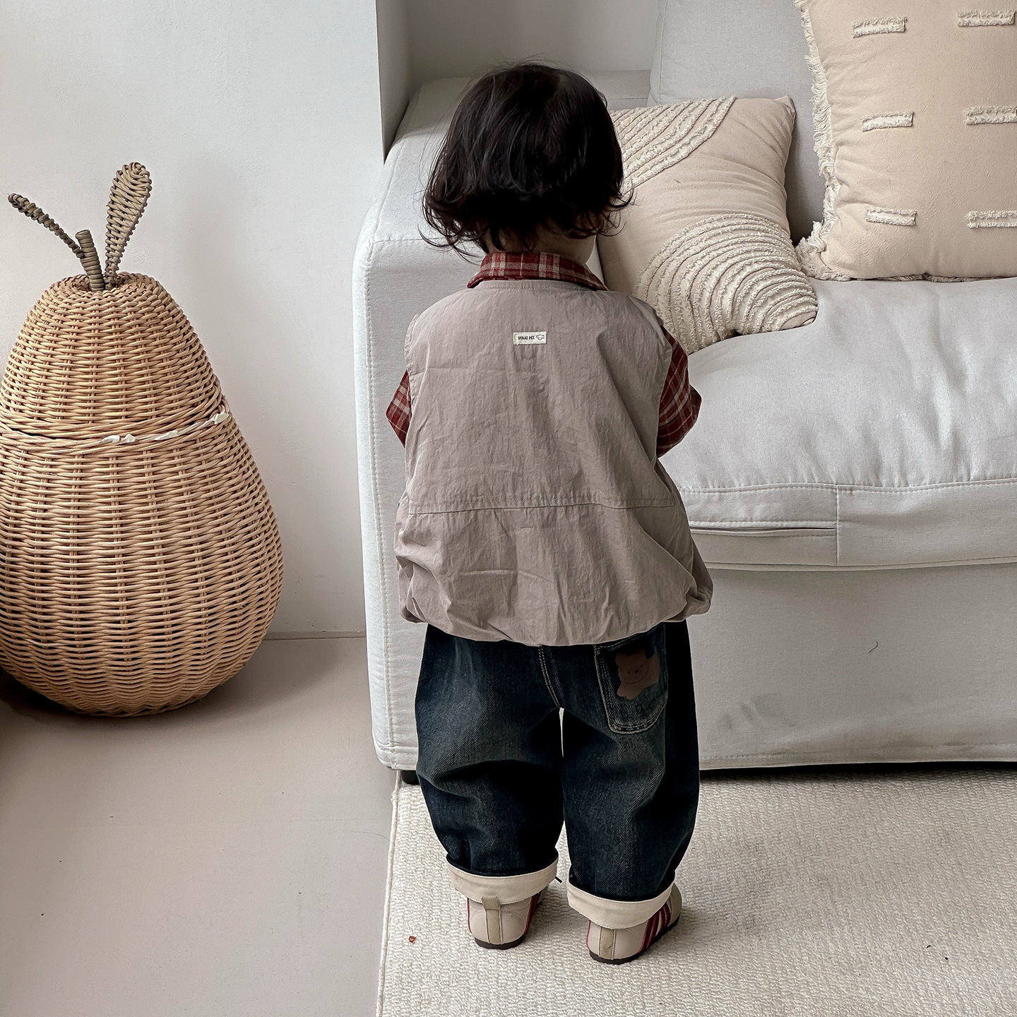 格紋襯衫+素色背心+小刺繡牛仔褲三件套(73-100)