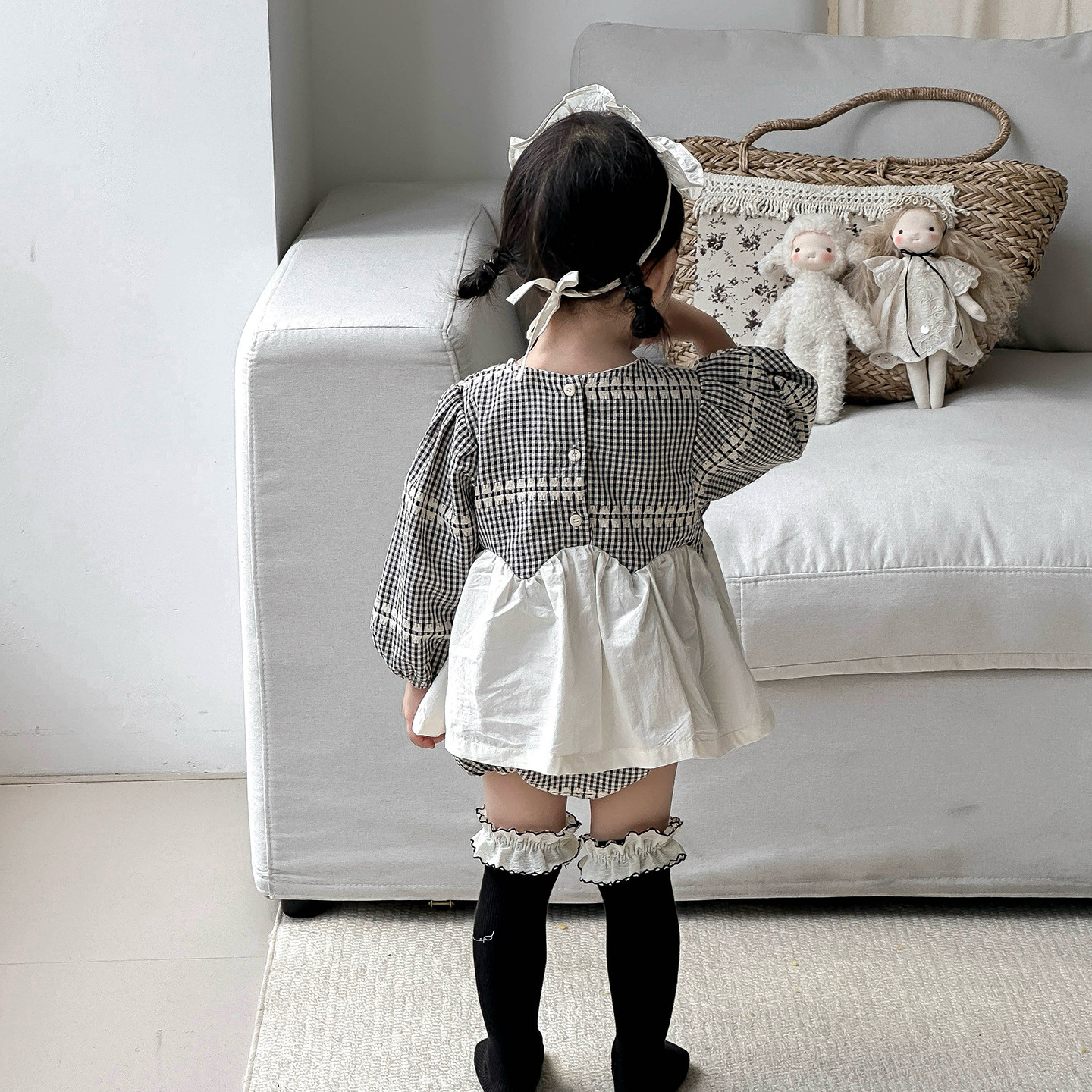 英倫格格拼接包屁裙附髮帶(66-90)