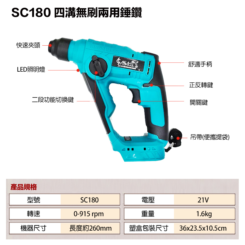 附發票｜SC180｜ 21V 無刷兩用錘鑽 四溝免出力電鑽 通用牧田 電槌 18V
