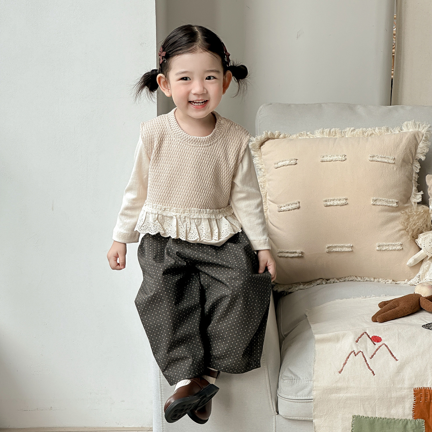 拼接蕾絲下擺背心寬褲三件套(73-100)