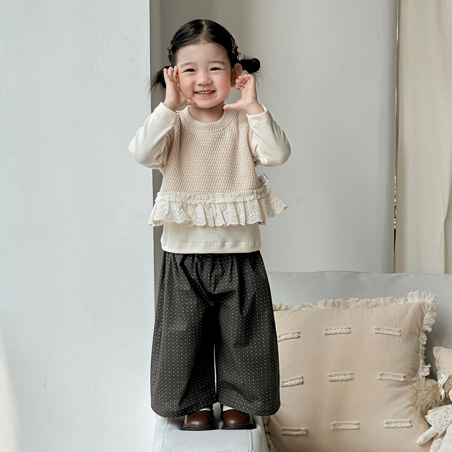 拼接蕾絲下擺背心寬褲三件套(73-100)