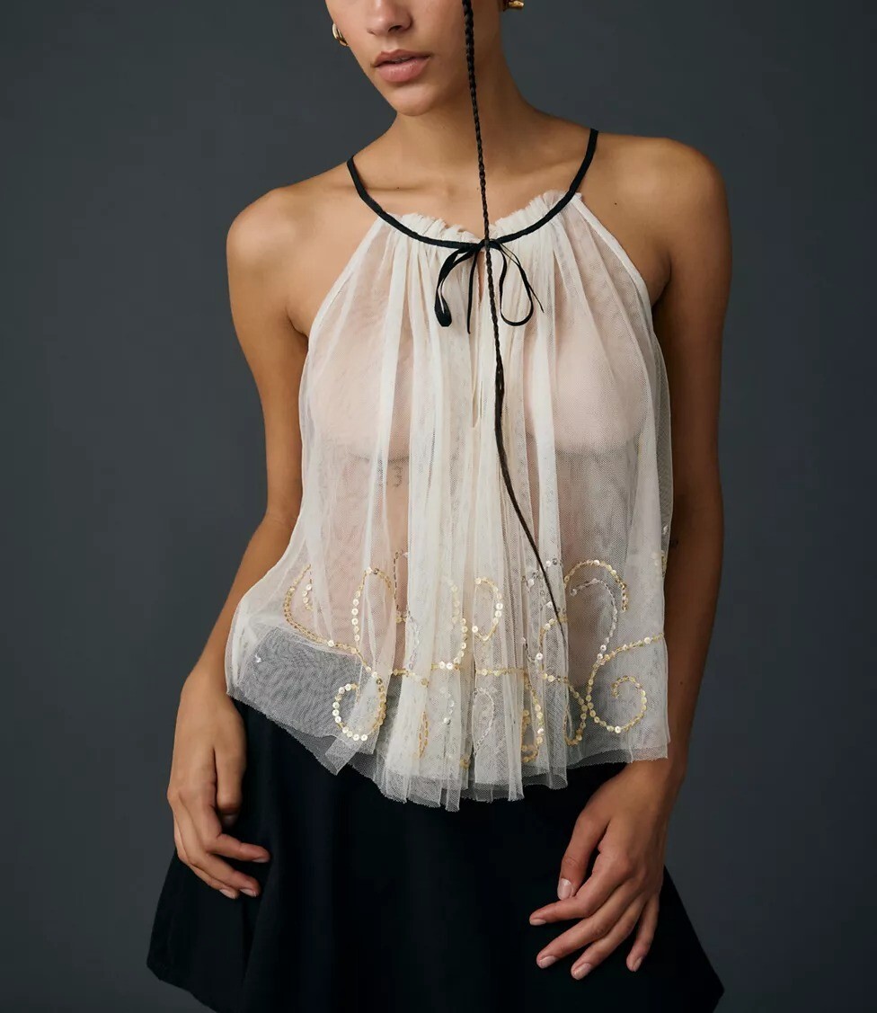 N.Y Dream白色透紗手工愛心金銀亮片黑蝴蝶結上衣