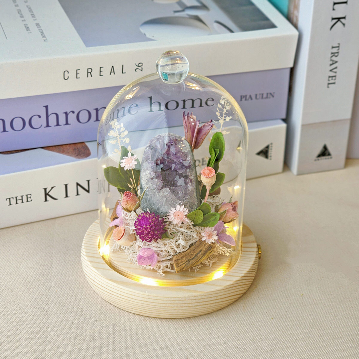 S11｜水晶洞玻璃罩盅｜乾燥花/永生花｜開運小夜燈/升遷賀禮