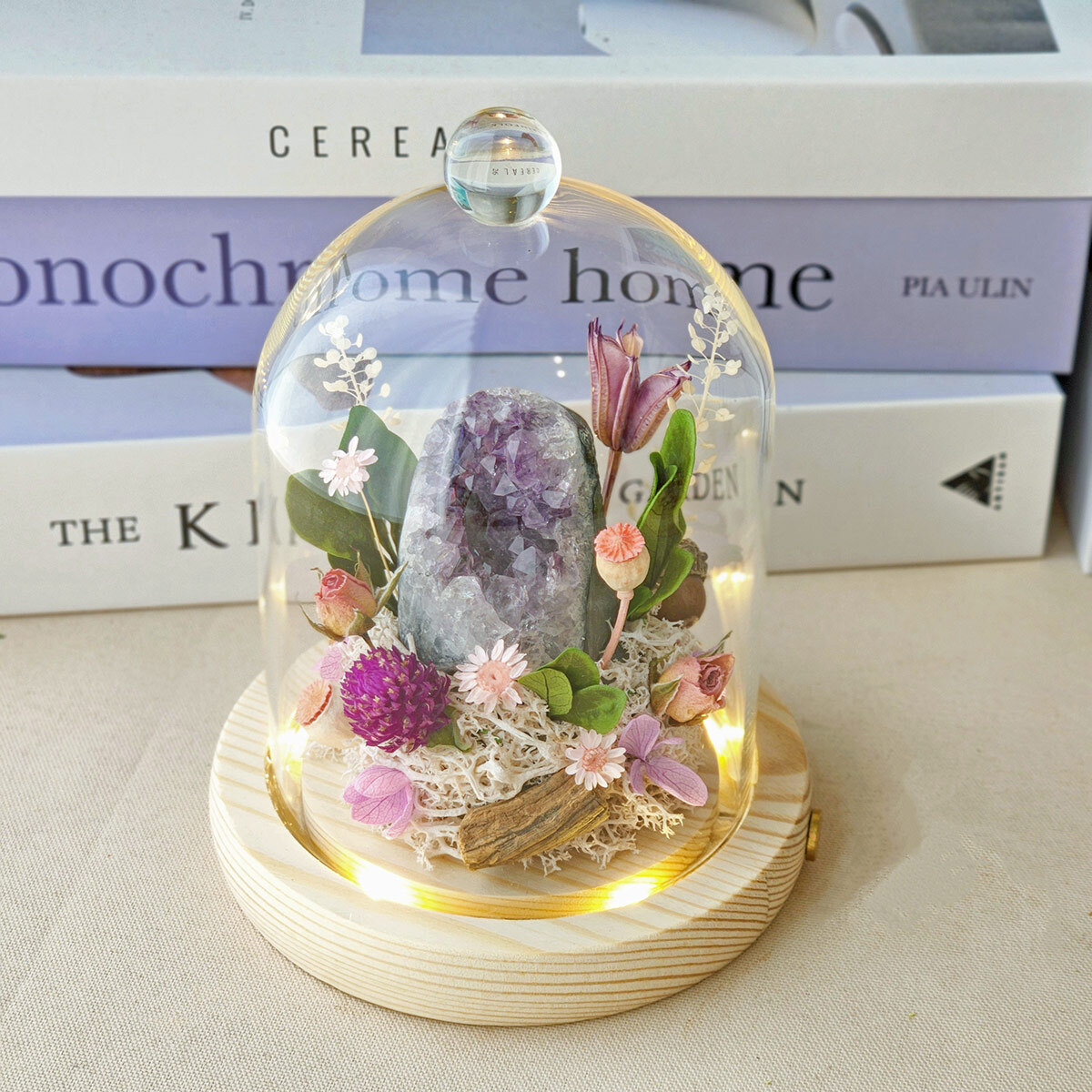 S11｜水晶洞玻璃罩盅｜乾燥花/永生花｜開運小夜燈/升遷賀禮