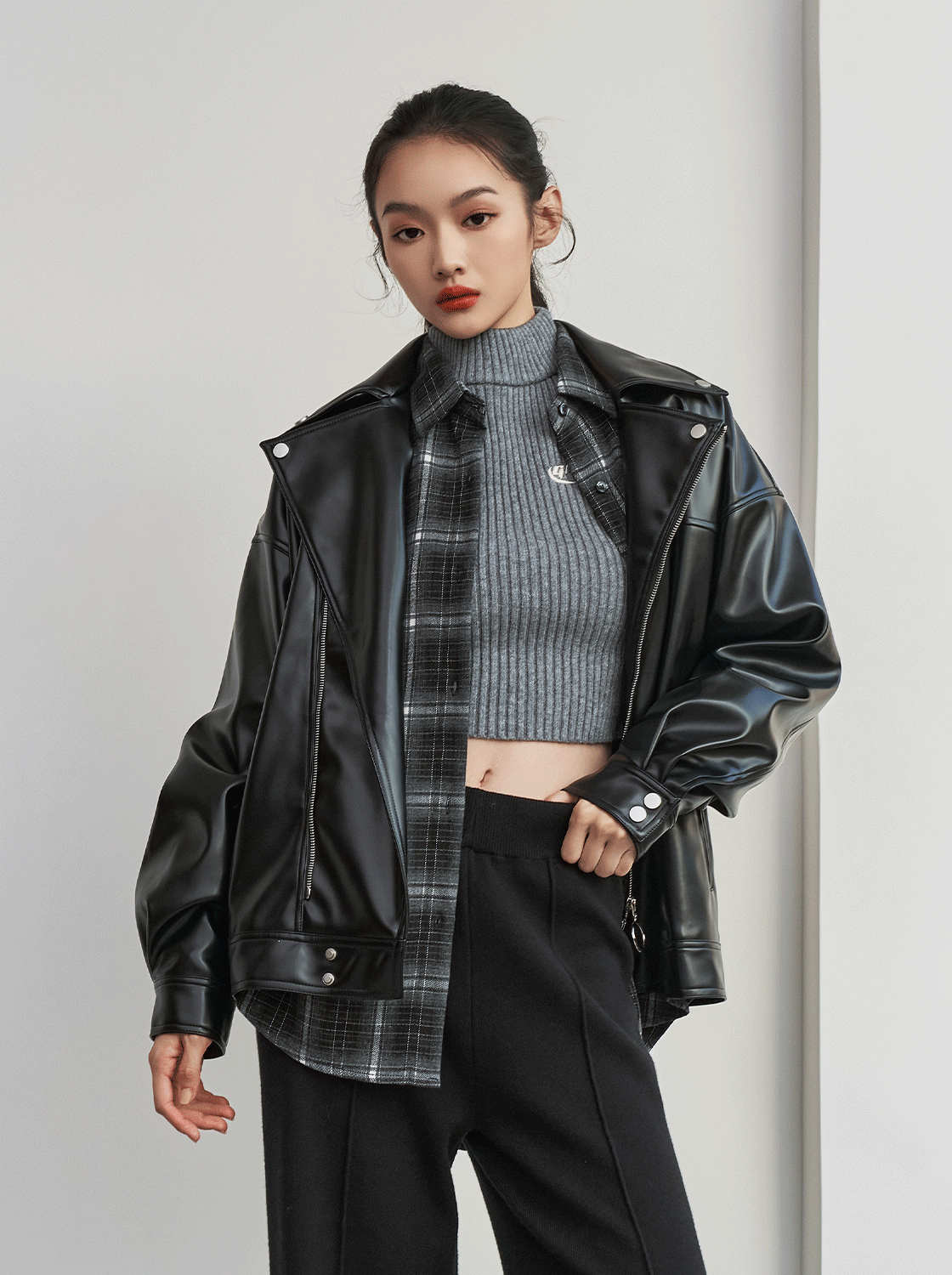 復古亮面皮革騎士外套