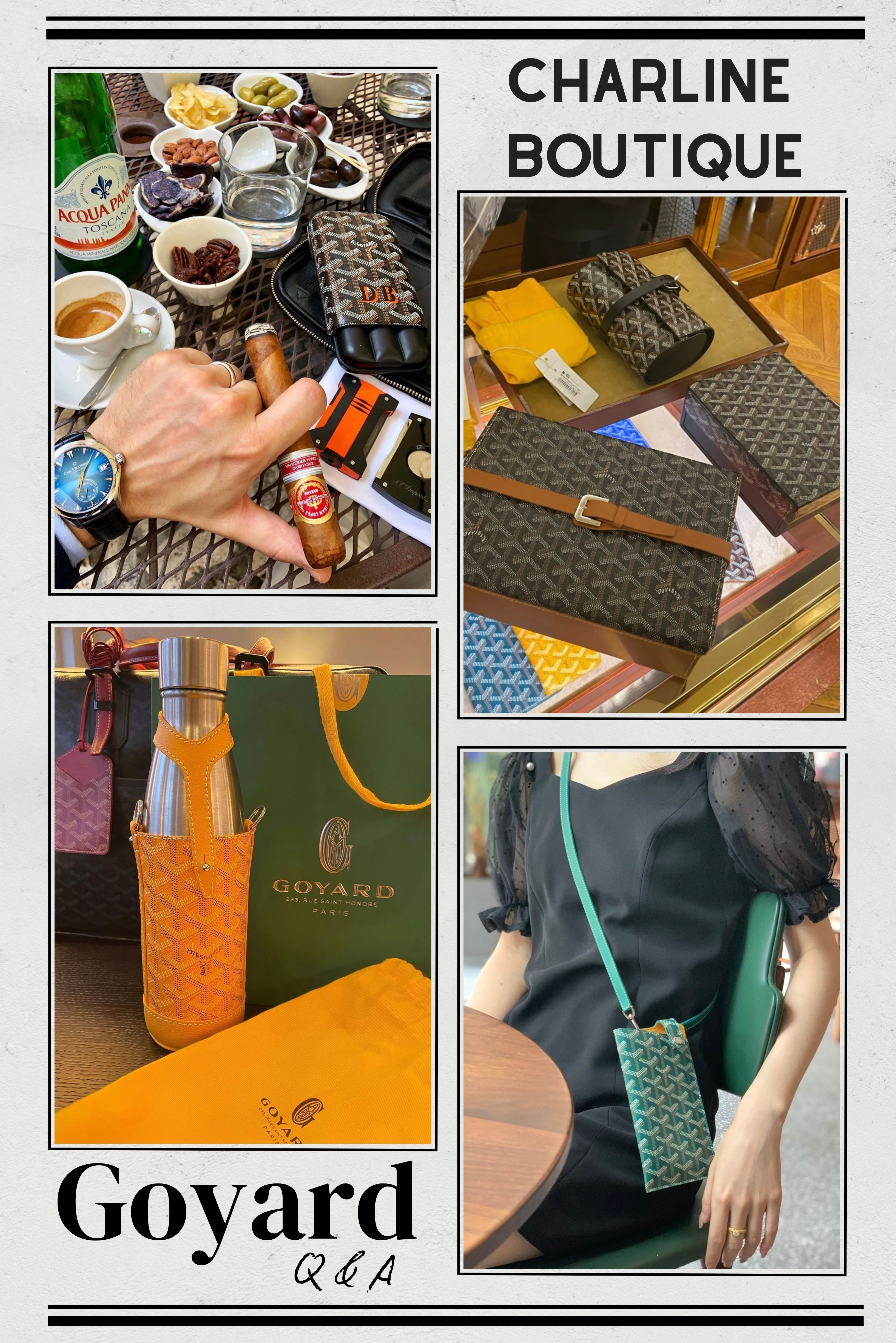 為了讓讀者更了解這些精品生活逸品的特色，以下整理了 FAQ 將帶您一次掌握最受關注的精品話題。  Goyard 精品生活小物相關Q&A  Q1. 精品生活用品為什麼這麼受歡迎？從 Goyard 到 Hermès 的設計哲學解析  A：精品生活用品之所以受歡迎，是因為它們讓「日常」變得更有質感與儀式感。隨著人們越來越重視生活細節，不再只追求穿搭上的品味，也希望身邊的物件能體現風格與態度。像 Goyard、Louis Vuitton、Dior、Hermès、Gucci 等品牌，都將工藝與設計延伸至水壺包、錶盒、香氛與餐具等生活小物中，讓功能與美感完美融合。Charline Boutique 的觀察是，這些精品之所以吸引人，並不僅因為品牌價值，而是它們讓人能在日常中感受到專屬的優雅與從容。    Q2. Goyard 送禮推薦：最受歡迎的精品小配件清單  A：如果想挑選一份兼具品味與實用的精品禮物，Goyard 的經典小配件系列是最不會出錯的選擇。其中最受歡迎、也最適合送禮的幾款包括：  Churchill Cigar Case 雪茄盒：象徵紳士品味與生活格調，無論送給收藏家或商務人士都極具代表性。  Watch Case 錶盒：結合 Goyardine 帆布與皮革細節，實用又高雅，是送給鐘錶愛好者的完美禮物。  Montmartre GM Case 小包：體積輕巧、用途多元，可作卡包、眼鏡袋或旅行收納包，深受男女客人喜愛。  Yonne MM Case & Flask 水壺包：兼具時尚與健康概念，送禮實用又有話題性。   Charline Boutique 覺得，若要在眾多款式中選一件作為禮物，可依收禮者個性挑選：愛收藏的可選雪茄盒、重實用的可選 Montmartre 小包、講究風格的則可考慮水壺包。每一款都能讓人感受到「被重視的品味」，也展現出送禮者對生活質感的細膩追求。    Q3. 精品洗漱包推薦 Top 7：Louis Vuitton、Goyard 到 Hermès 全面比較  A：想在旅途中保持精緻與品味，精品洗漱包絕對是最能展現細節的旅行配件。根據 Charline Boutique 的觀察，最值得入手的品牌包括：  Goyard：Boeing 25 Trousse Canvas Bag 是品牌經典旅行系列之一，以 Goyardine 帆布與皮革滾邊製成，容量寬敞、結構輕盈，不僅能收納洗漱用品，還可作為化妝包或小型旅行袋使用。  Louis Vuitton：Toiletry 系列以 Monogram 帆布與防潑水內襯著稱，兼具耐用與經典外型。  Prada：Re-Nylon 洗漱包輕盈、防潮又實用，是出差與旅行的理想選擇。  Dior：以 Oblique 經典圖紋結合高質感皮革，展現優雅與時尚氣息。  Gucci：GG Supreme 帆布款與皮革拼接設計，兼具辨識度與潮流感。  Hermès：以頂級皮革與細膩縫線打造低調奢華風格。  Bottega Veneta：採用 Intrecciato 編織工藝，極簡中帶有獨特立體感。   一款好的精品洗漱包不只是旅行收納工具，更象徵對生活細節的重視。它讓整理行李變成享受，也在旅途中展現個人風格與從容態度。    Q4：精品行李吊牌與護照夾推薦：LV、Hermès、Goyard 經典款介紹  A：如果您想為旅行增添一點精品質感，根據 Charline Boutique 的收藏與市場經驗，最受歡迎的品牌包括：  Louis Vuitton：Monogram 吊牌與護照夾最具代表性，可刻字客製，經典又實用。  Goyard：提供多色客製化設計，辨識度高，兼具收藏與獨特個性。  Hermès：以頂級皮革與極簡線條聞名，深受低調品味人士喜愛。  Gucci：結合 GG Logo 與帆布材質，展現復古與摩登並存的風格。  Prada：採用耐用尼龍與皮革拼接設計，適合常出差或旅遊的使用者。  Dior：以 Oblique 經典圖紋設計護照夾與旅行小包，優雅又具品牌辨識度。  這類精品旅行小物不僅實用，更是「出發前的第一個時尚細節」，在旅程開始的那一刻，就為整體造型增添儀式感與風格。    Q5. 精品文具推薦：Hermès、Louis Vuitton 與 Gucci 的書寫美學  A：有的！越來越多精品品牌將設計延伸到書寫與辦公領域，打造結合質感與功能的文具系列。根據 Charline Boutique 的觀察，以下品牌最受矚目：  Louis Vuitton：皮革筆記本與鋼筆收納最具代表性，展現經典旅行工藝。  Hermès：以頂級皮革製作筆袋與文件夾，設計極簡、細節精緻。  Dior：推出結合品牌符號的桌上小物與便條本，優雅時尚。  Chanel：以菱格紋設計筆記本與筆具組，展現品牌經典風格。  Gucci：將 GG 圖騰融入文件夾與筆記本，充滿復古個性。  Bottega Veneta：以 Intrecciato 編織設計延伸至文具，極簡中帶有立體感。  Prada：以 Saffiano 皮革打造文具配件，展現現代都會品味。  精品文具最迷人的地方在於，它讓書寫變成一種享受。不論是會議記錄、旅行手札或桌上擺設，都能在細節中體現個人風格與品牌氣質。    Q6. 精品餐具與馬克杯推薦：Dior、Hermès、Gucci 的餐桌藝術  A：近年許多精品品牌也將設計延伸到餐桌上。根據 Charline Boutique 的收藏與市場經驗，以下品牌都推出高質感餐具與茶具系列：  Louis Vuitton：以 Monogram 圖案打造精緻茶具與咖啡杯，展現經典旅行風格。  Dior：藤格紋與幸運星圖樣營造優雅法式氛圍。  Hermès：主打彩繪瓷器與經典馬術設計，結合藝術與生活美學。  Gucci：以復古花卉與品牌圖騰為主題，風格大膽又具收藏價值。  Chanel：以菱格紋與雙 C 標誌打造極簡黑白瓷器系列，展現高雅格調。  這些精品餐具不僅實用，更是生活品味的延伸，為日常餐桌增添一份專屬的精緻儀式感。    Q7. 精品錶盒推薦比較：Goyard、Hermès、Louis Vuitton、Cartier 差異分析  A：如果您追求的是兼具收藏價值與設計美感的精品錶盒，Charline Boutique 的建議是可以從以下幾個品牌入手：  Goyard：以經典 Goyardine 帆布與皮革結合著稱，低調卻極具識別度，象徵法式優雅。  Louis Vuitton：推出多款 Monogram 硬箱式錶盒，是收藏家與旅人最夢幻的收藏單品。  Hermès：以頂級皮革工藝與簡約設計見長，內襯柔軟、細節精緻，風格沈穩高雅。  Cartier：結合紅盒與金邊細節，象徵品牌經典氣場，特別適合搭配自家腕錶系列。  Montblanc：以書寫精品聞名，同樣在錶盒設計上展現德式工藝與沉穩品味。  Dior：將時尚語彙延伸到收藏領域，以高級皮革與 Oblique 紋理打造女性化質感。  其中Goyard 與 LV 的錶盒最能體現「精品生活方式」，而 Hermès、Cartier、Montblanc 則更偏向「低調收藏的藝術」。    Q8. 精品水壺推薦：Louis Vuitton、Dior、Prada 與設計品牌對比  A：Charline Boutique 發現，近年精品品牌也紛紛將時尚語言延伸到生活用品中，水壺成為兼具功能與設計感的新焦點。推薦的精品水壺可分為兩大類：時尚品牌推出的聯名款或設計款，以及以高品質材質與設計聞名的專業品牌。  時尚品牌：如 Louis Vuitton、Dior、Prada 等，推出極具品牌識別度的水壺與水壺袋，外型時髦，價格相對較高。  專業品牌：如 Stanley、Owala、Bkr、KINTO，則是以功能與美學兼具著稱。  這些精品水壺不僅外型吸睛，也讓日常飲水變成一種生活風格的展現。    Q9. AirPods 收納盒精品推薦：Gucci、LV、Chanel、Bottega Veneta  A：現在許多精品品牌都推出兼具時尚與實用的 AirPods 收納盒。根據 Charline Boutique 的觀察，熱門品牌包括 Louis Vuitton、Gucci、Dior、Bottega Veneta、Burberry、Chanel、Prada、Miu Miu、Saint Laurent、Bvlgari、LOEWE、Balenciaga 等。例如 Louis Vuitton 的縮小行李箱款、Gucci 的 GG 帆布設計、Bottega Veneta 的編織皮革款、Chanel 的菱格鏈條包造型，都將經典包款元素轉化為精緻的耳機殼。Charline Boutique 覺得，這些迷你收納盒不只是保護配件，更像可隨身展示的精品飾品，是入門精品中最受歡迎的小物之一。    Q10. 精品手機殼推薦：LV、Dior、Prada、Gucci 入門精品首選  A：有的，而且近年幾乎成為精品界的時尚標配！根據 Charline Boutique 的經驗分享，許多品牌都推出結合經典元素與實用功能的手機殼，如 Louis Vuitton、Dior、Balenciaga、Prada、Gucci、Burberry、Bottega Veneta 等。這些設計融合皮革、帆布與金屬細節，部分款式還附磁吸卡夾，既實用又有辨識度。其中，LV 的 Monogram 手機殼 與 Dior 的 Oblique 緹花款 最受歡迎；Prada 的 Saffiano 皮革、Gucci 的 GG 帆布 也都是經典選擇。精品手機殼肯定是入門精品的最佳選擇之一，價格親民、質感出眾、每天都能用，完美體現低調奢華的生活品味。